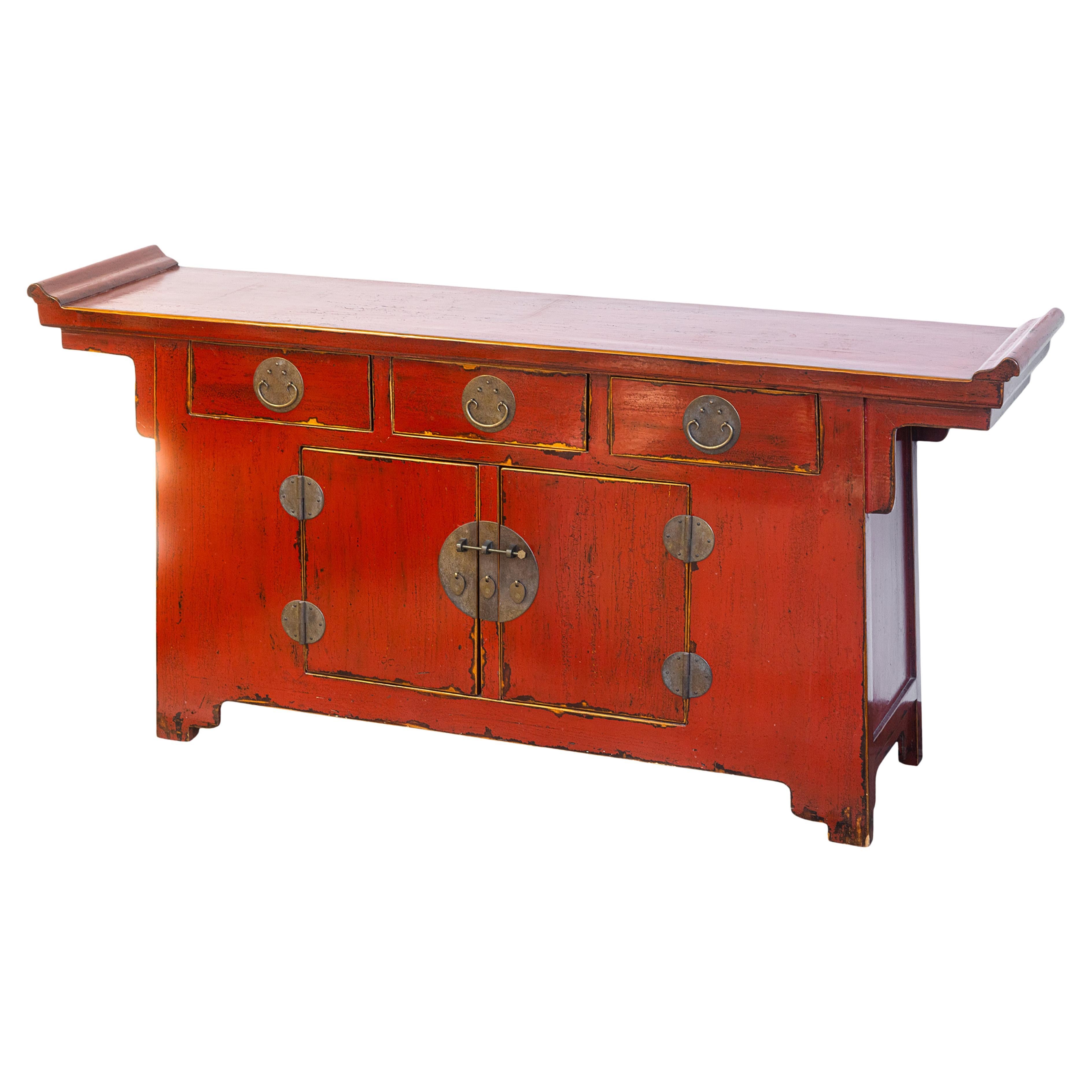 Vintage Asian Red Lacquered with Brass Hardware Sideboard Buffet Cabinet