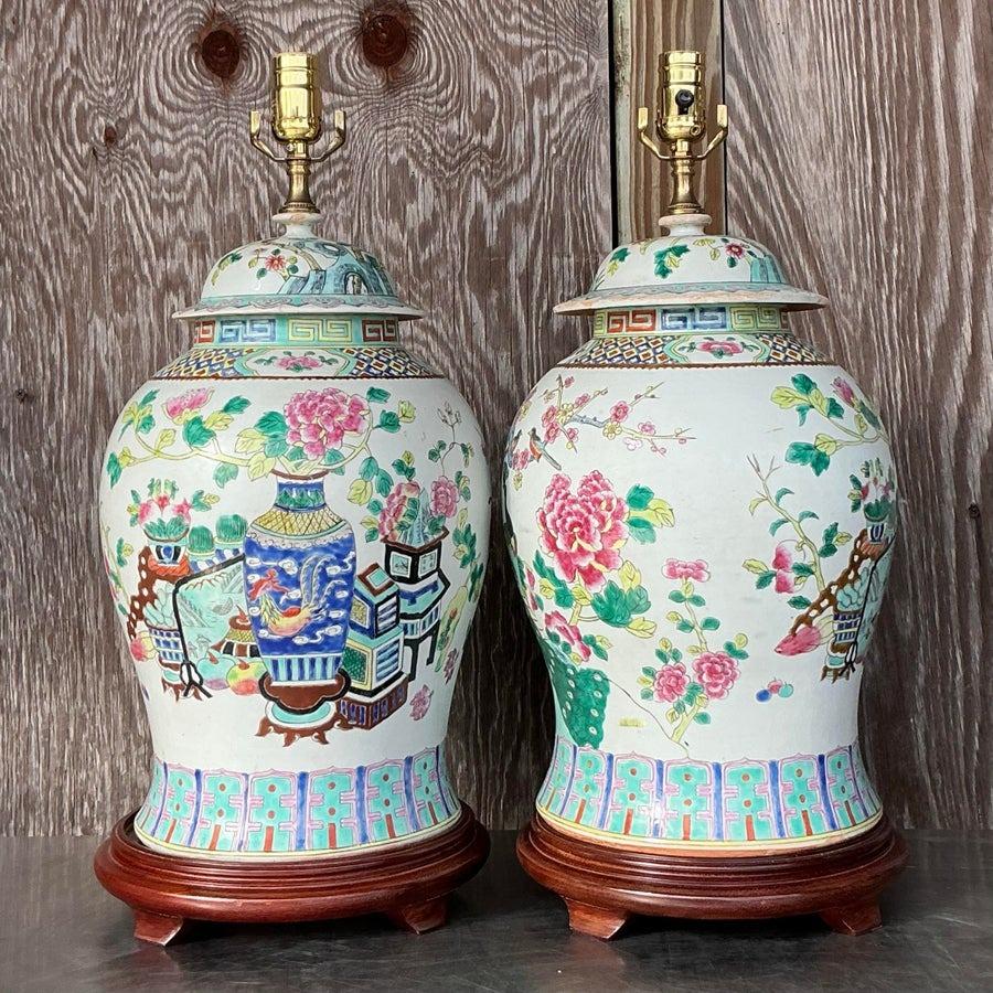 American Vintage Asian Rose Famile Ceramic Lamps - a Pair For Sale