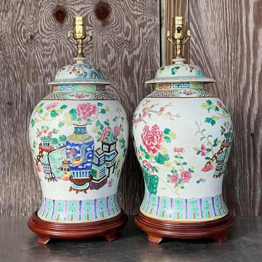 Vintage Asian Rose Famile Ceramic Lamps - a Pair In Good Condition For Sale In west palm beach, FL