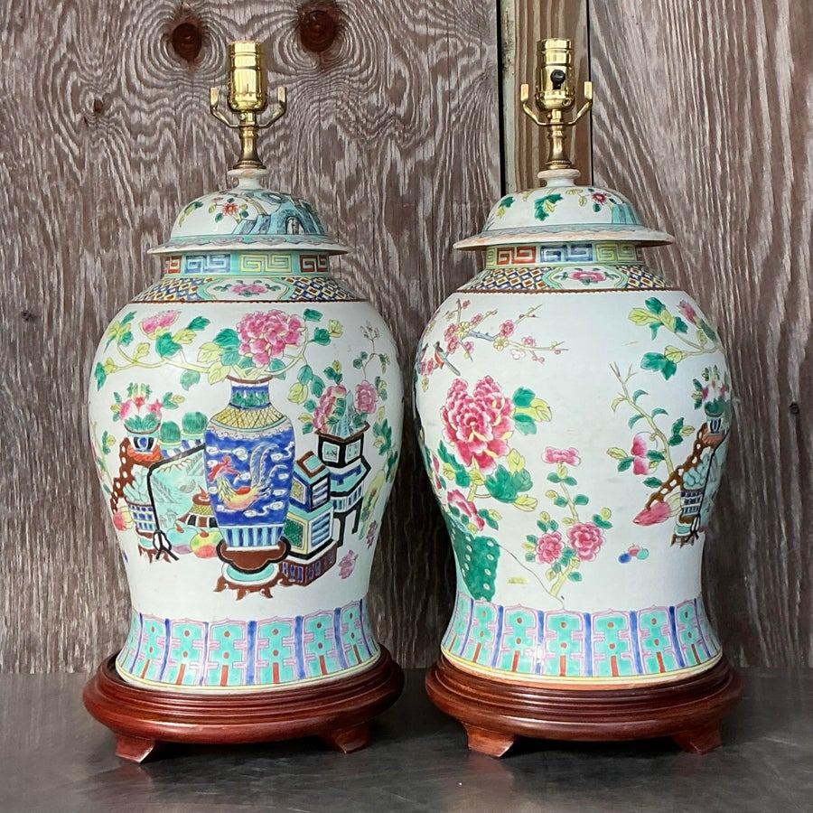 20th Century Vintage Asian Rose Famile Ceramic Lamps - a Pair For Sale