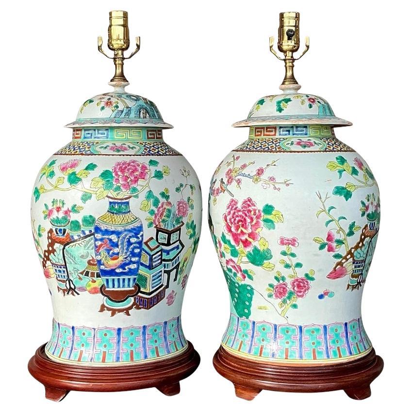 Vintage Asian Rose Famile Ceramic Lamps - a Pair