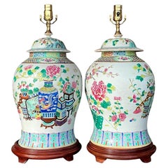 Lampade asiatiche vintage in ceramica Rose Famile - una coppia
