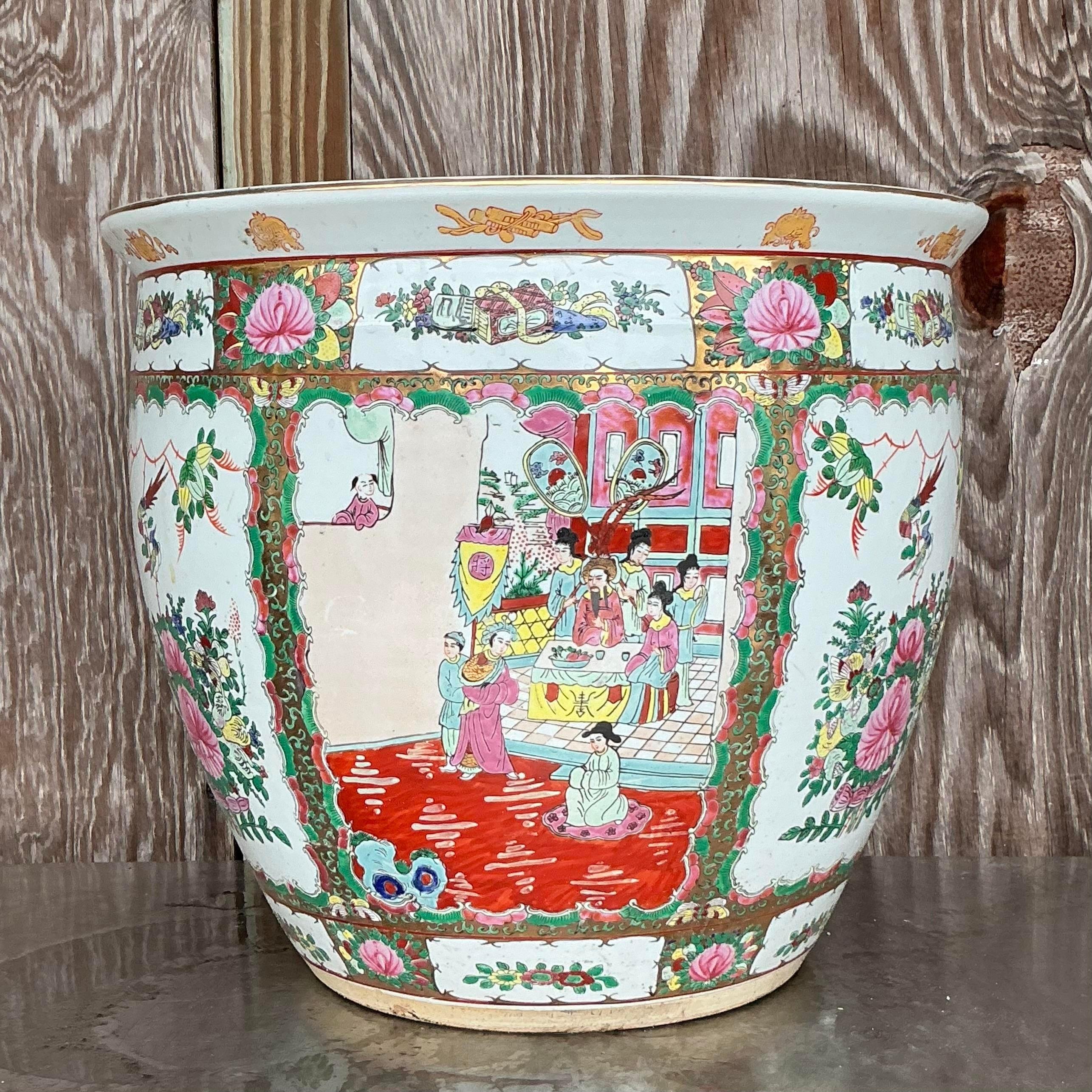 Vintage Asian Rose Famile Ceramic Planter In Good Condition In west palm beach, FL
