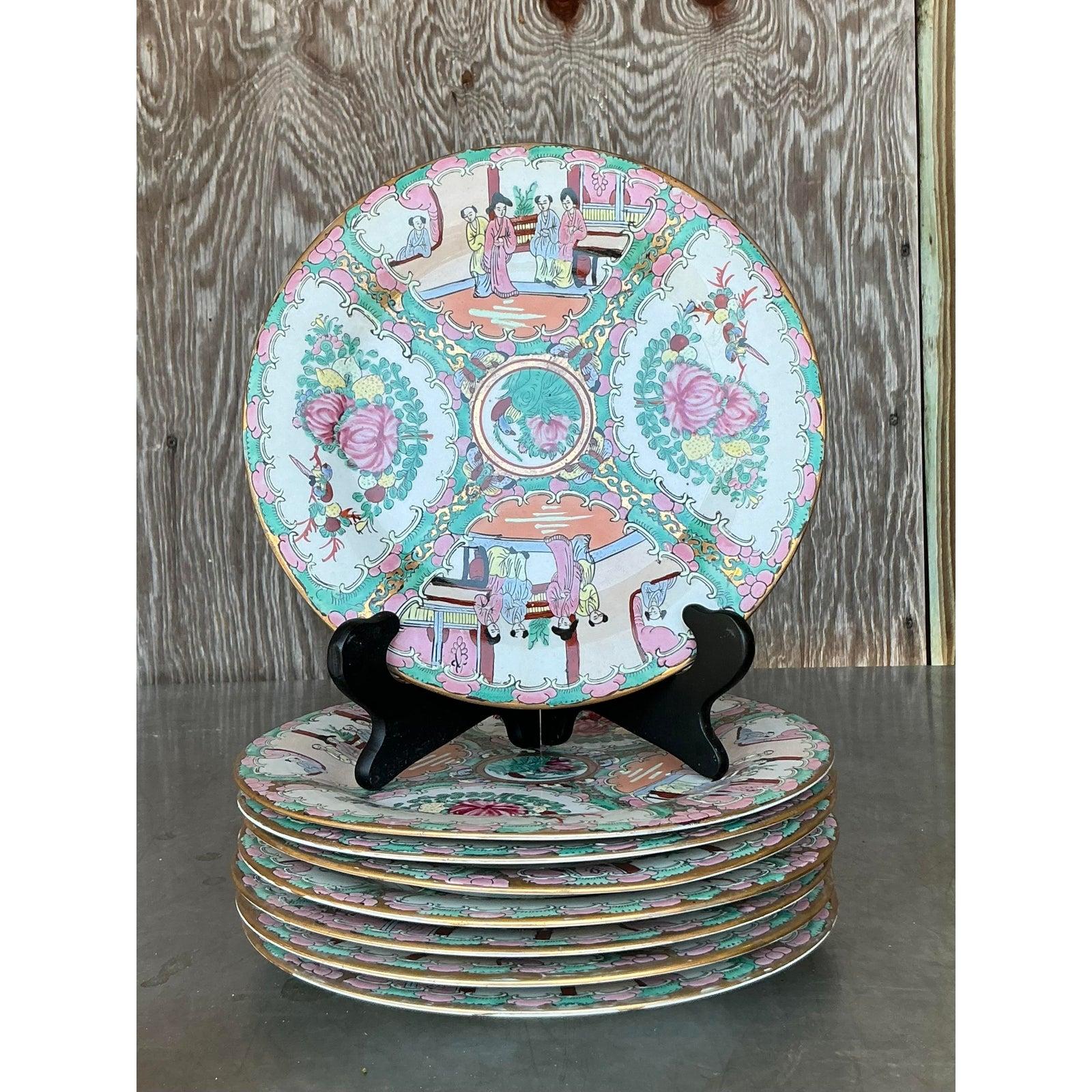 Chinois Assiettes plates vintage asiatiques Rose Famile - Lot de 8 en vente
