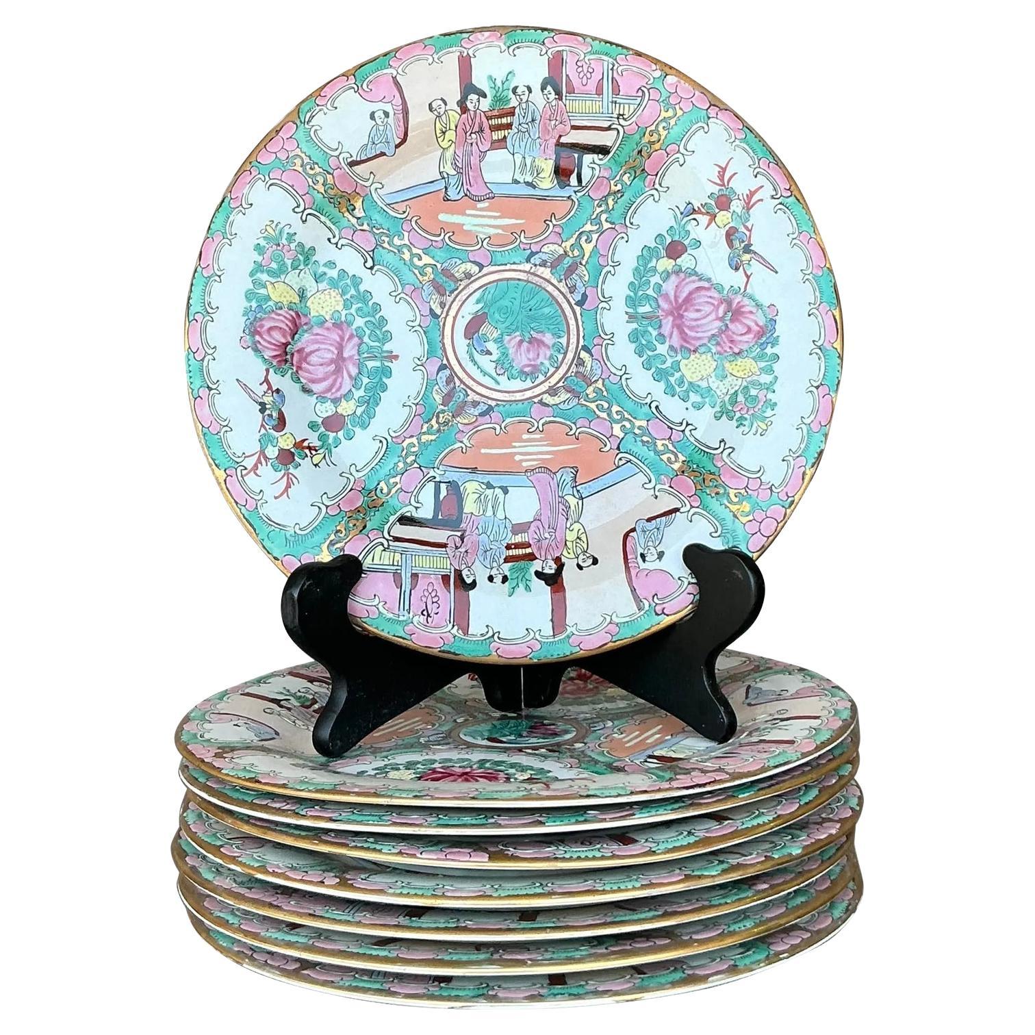 Vintage Asian Rose Famile Dinner Plates - Set of 8