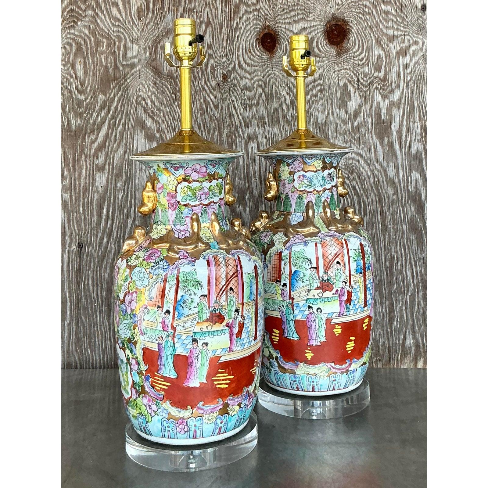 Chinoiserie Vintage Asian Rose Famile Lamps - A Pair For Sale
