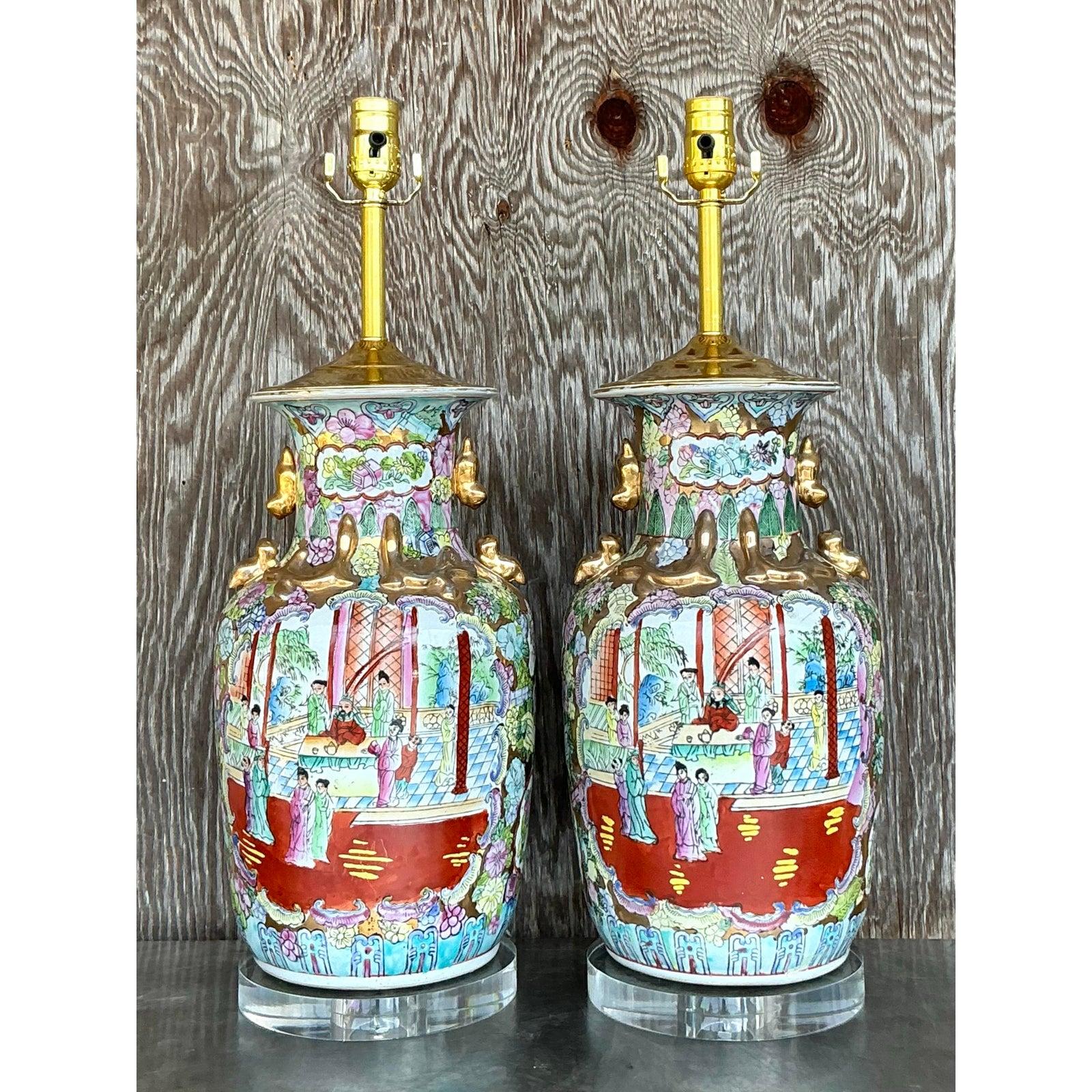 Chinese Vintage Asian Rose Famile Lamps - A Pair For Sale