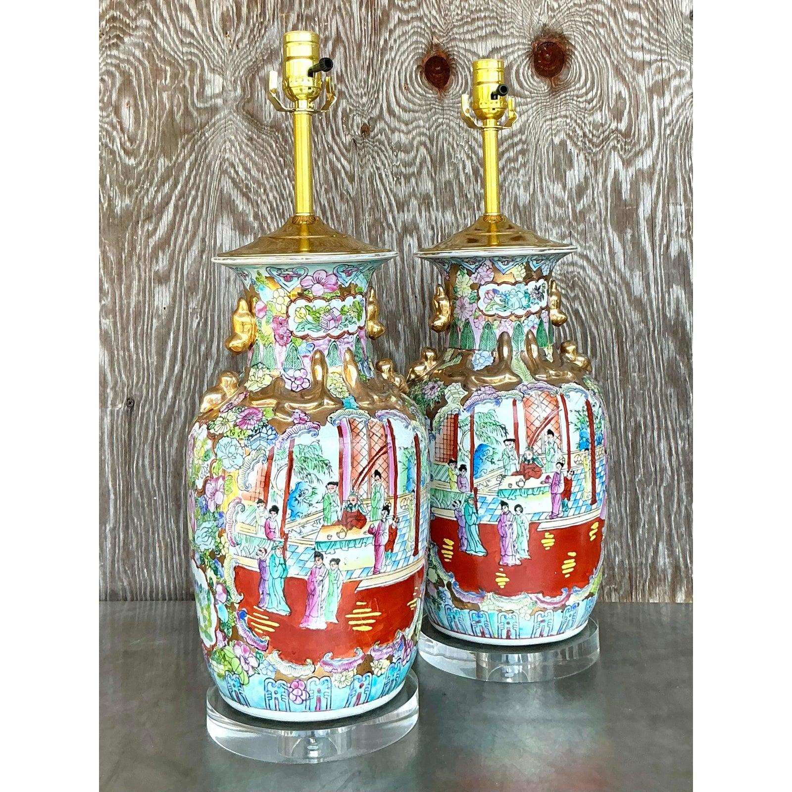 Vintage Asian Rose Famile Lamps - A Pair In Good Condition For Sale In west palm beach, FL