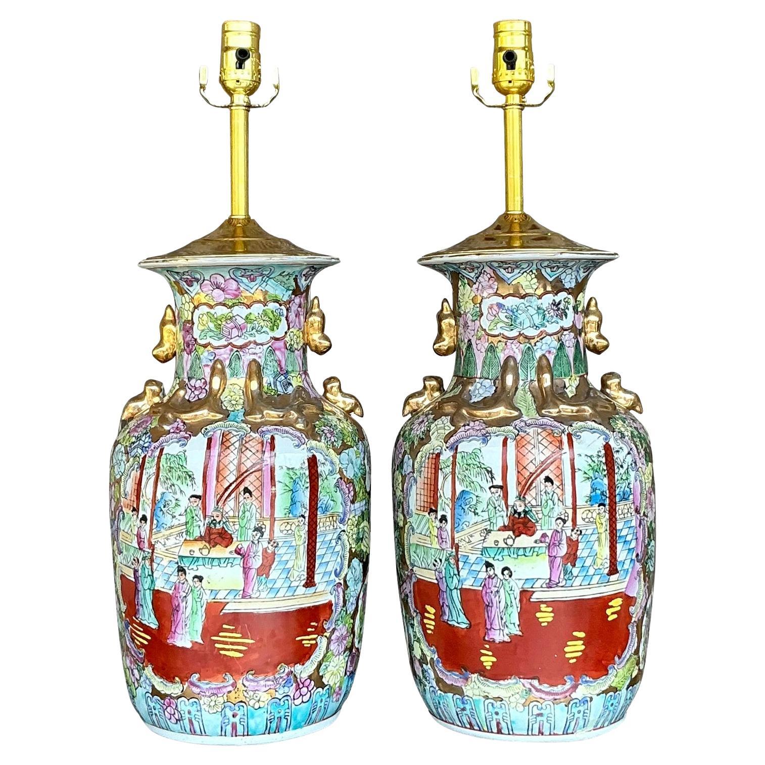 Vintage Asian Rose Famile Lamps - A Pair