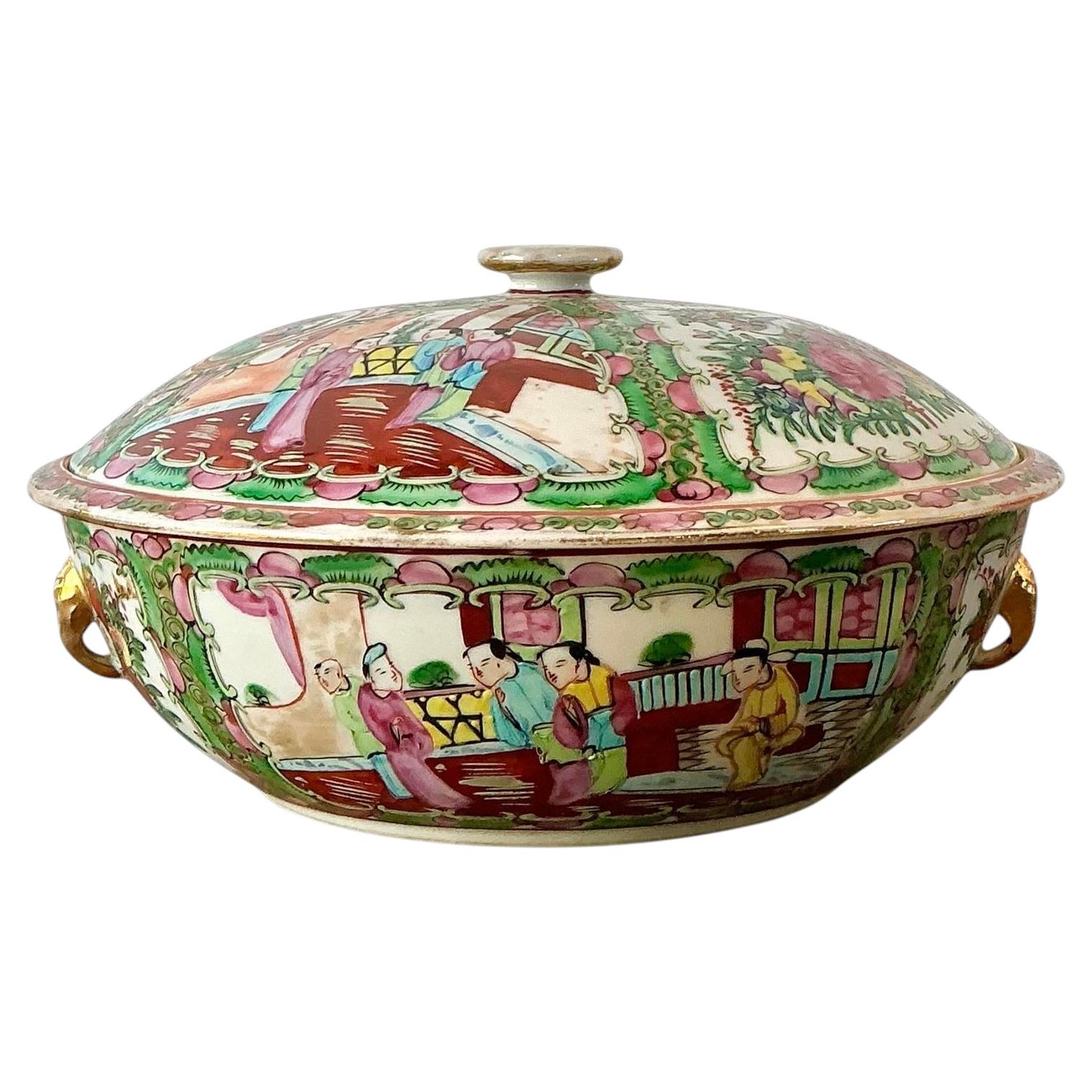 Vintage Asian Rose Famile Lidded Bowl For Sale