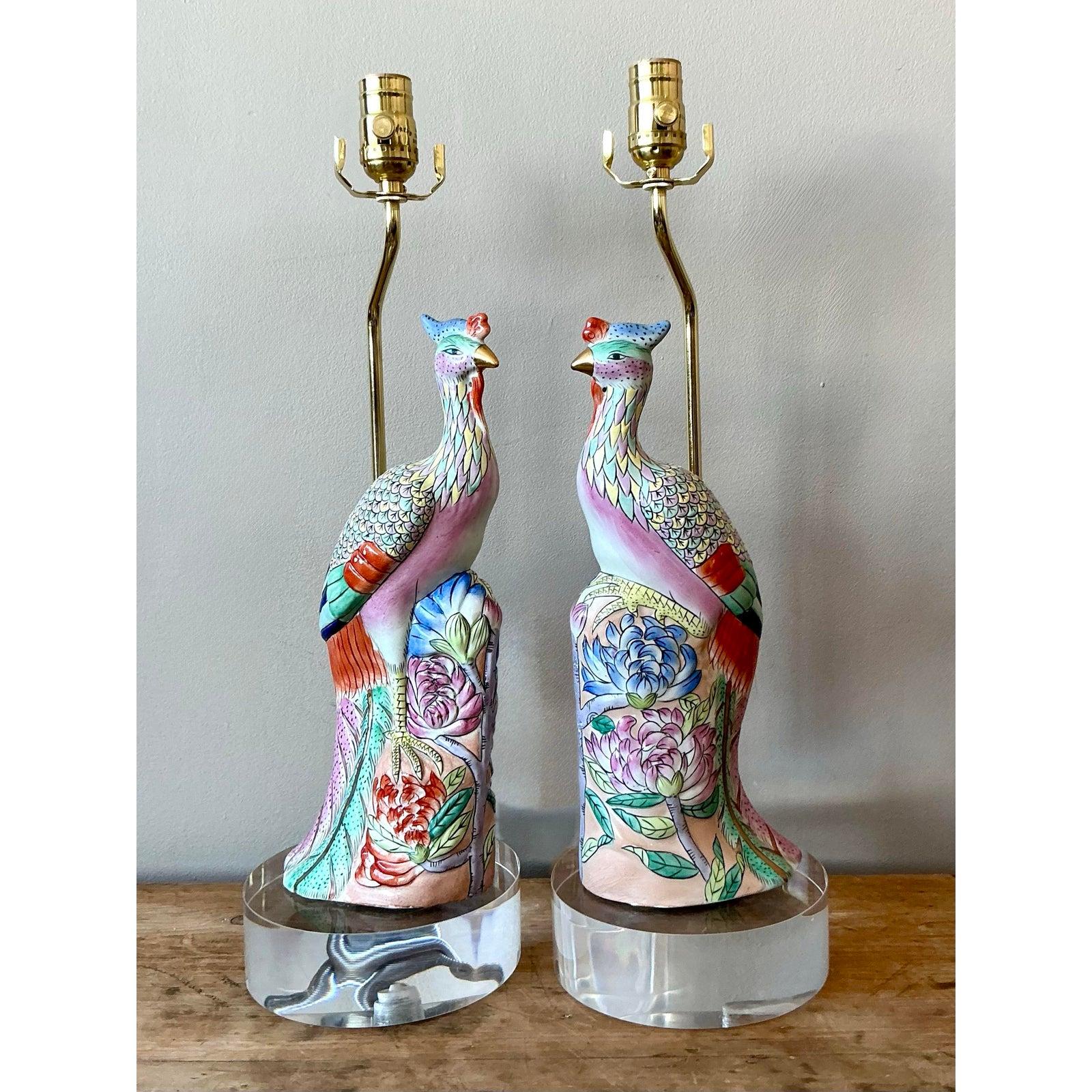 Lampes vintage asiatiques en céramique émaillée Rose Famile Phoenix - Lot de 2 en vente 3