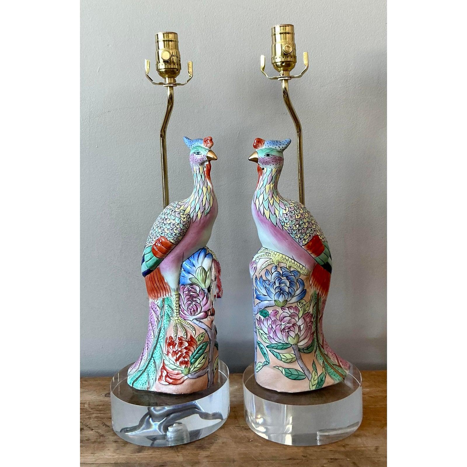 Lampes vintage asiatiques en céramique émaillée Rose Famile Phoenix - Lot de 2 en vente 4