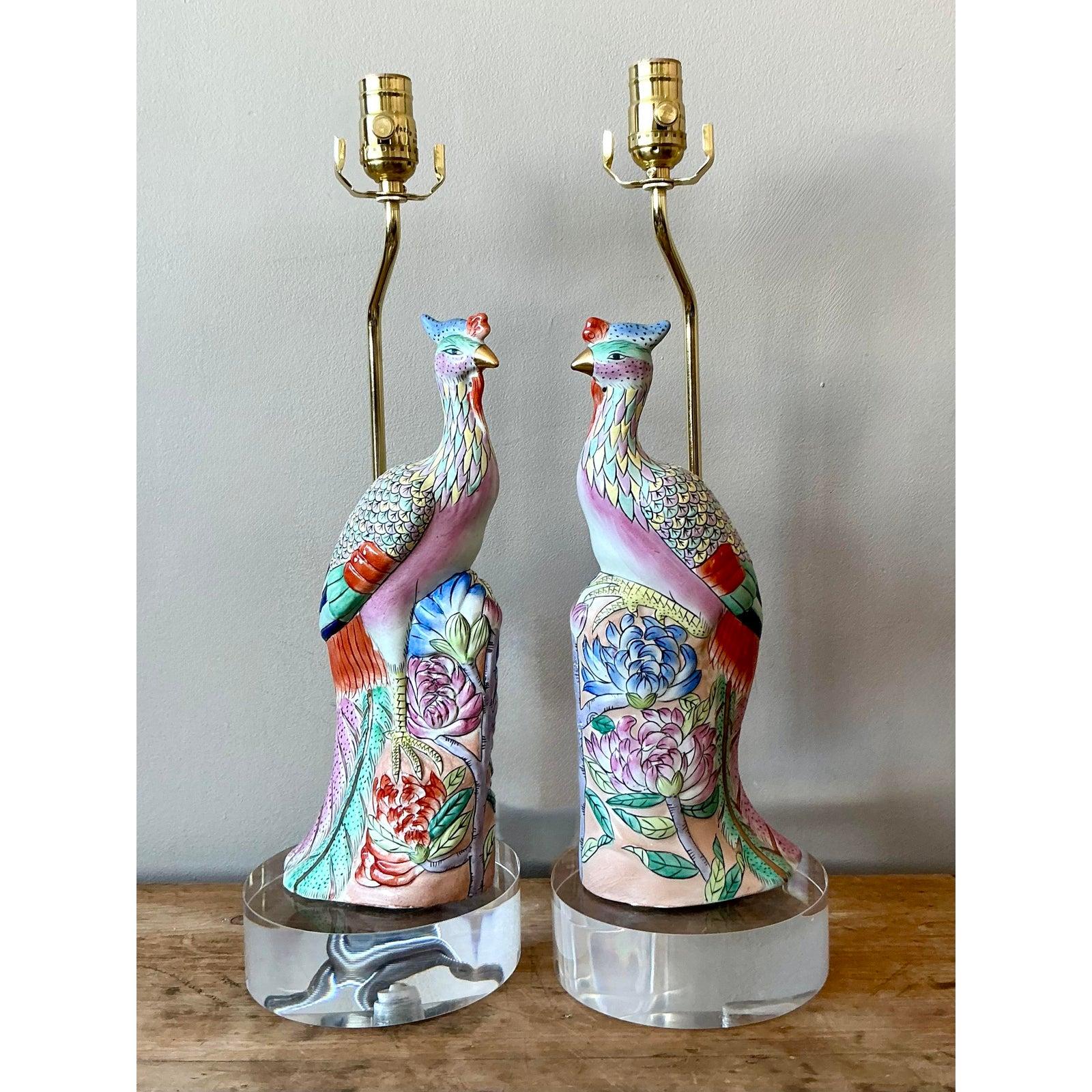 Lampes vintage asiatiques en céramique émaillée Rose Famile Phoenix - Lot de 2 en vente 5