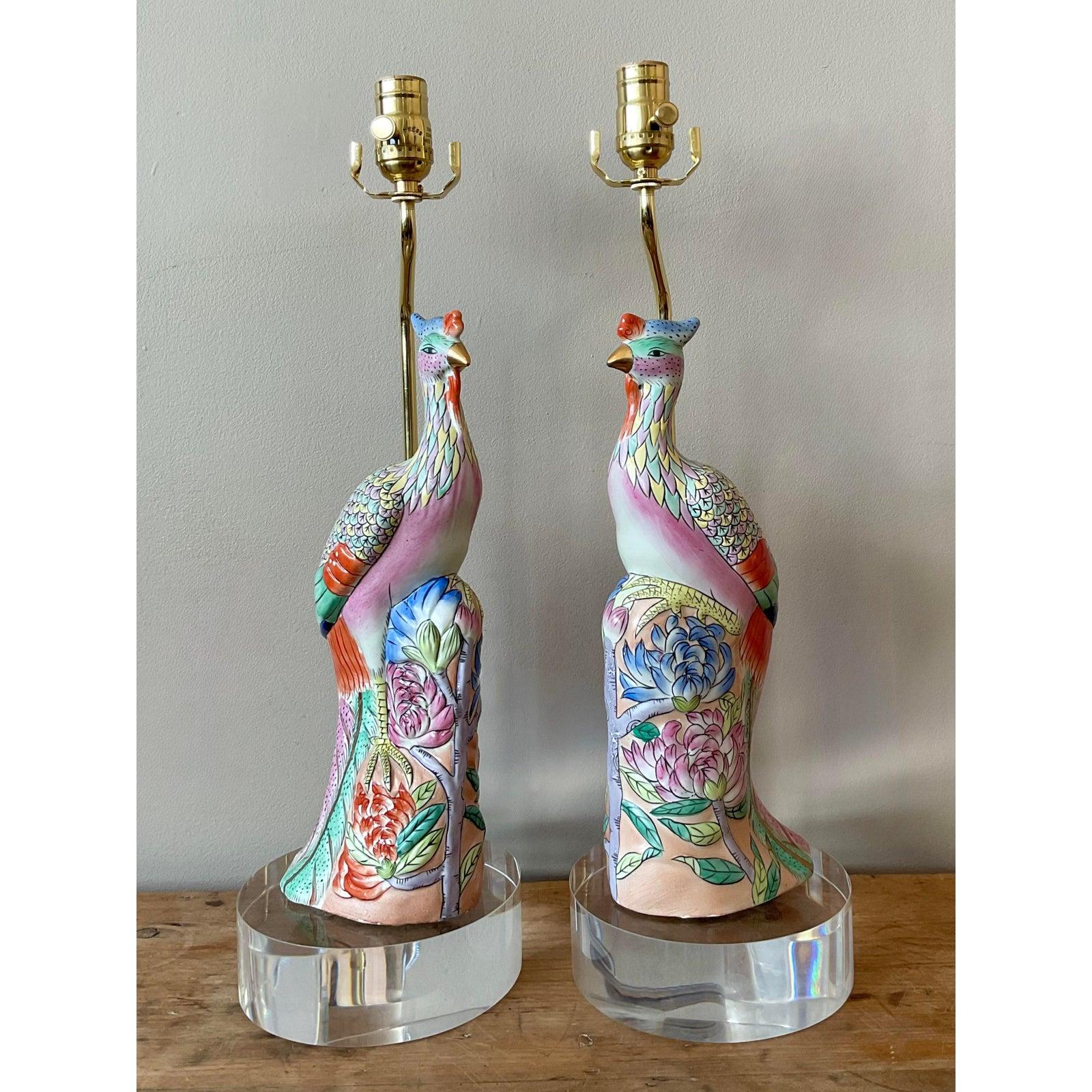 Chinoiseries Lampes vintage asiatiques en céramique émaillée Rose Famile Phoenix - Lot de 2 en vente