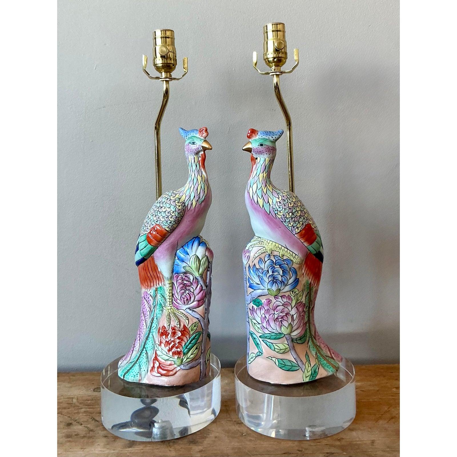 Laiton Lampes vintage asiatiques en céramique émaillée Rose Famile Phoenix - Lot de 2 en vente