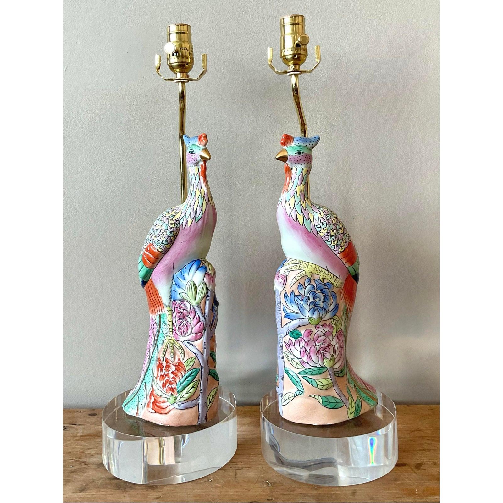 Lampes vintage asiatiques en céramique émaillée Rose Famile Phoenix - Lot de 2 en vente 1