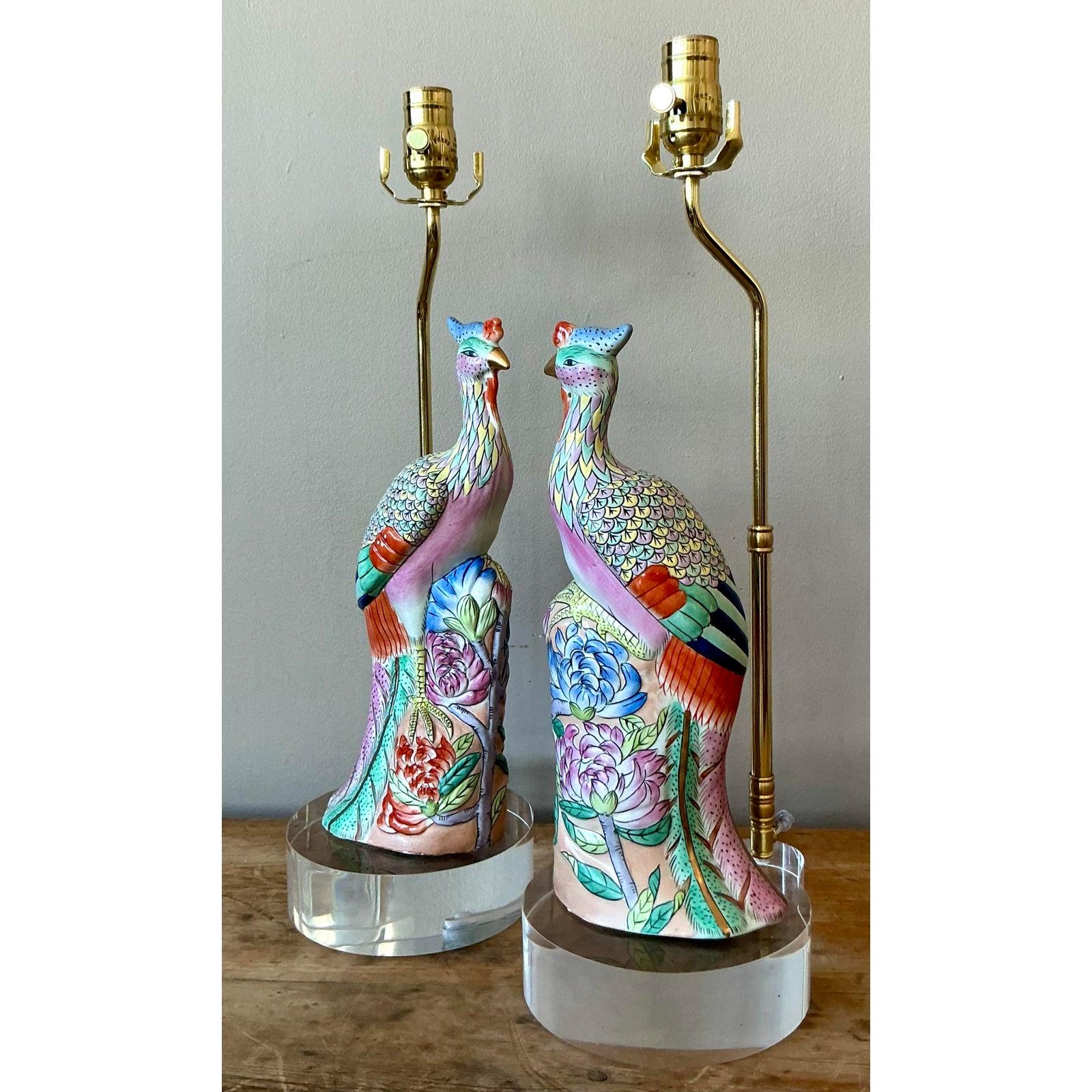 Lampes vintage asiatiques en céramique émaillée Rose Famile Phoenix - Lot de 2 en vente 2