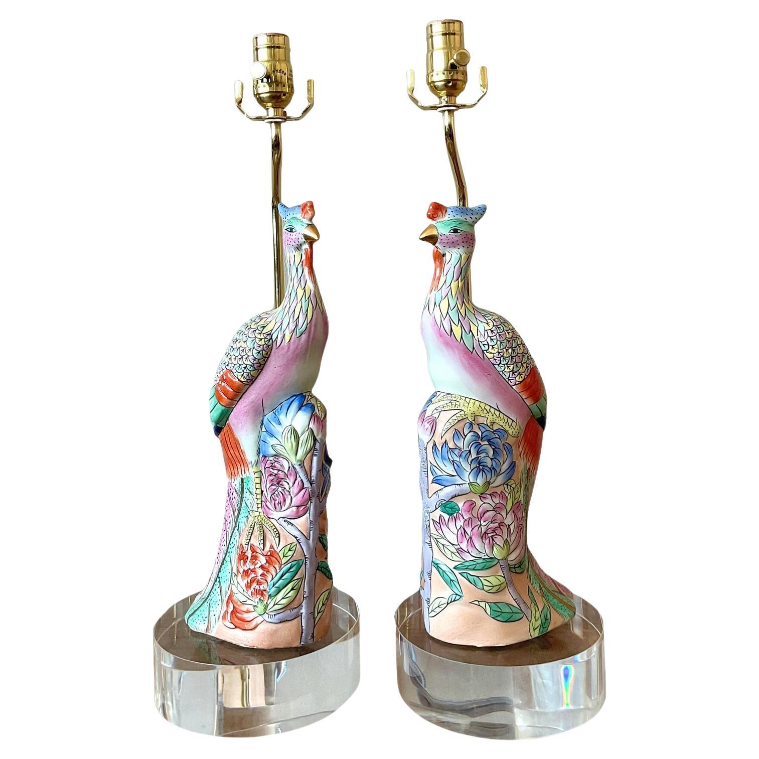 Vintage Asian Rose Famile Phoenix glasierte Keramik-Lampen - Satz von 2