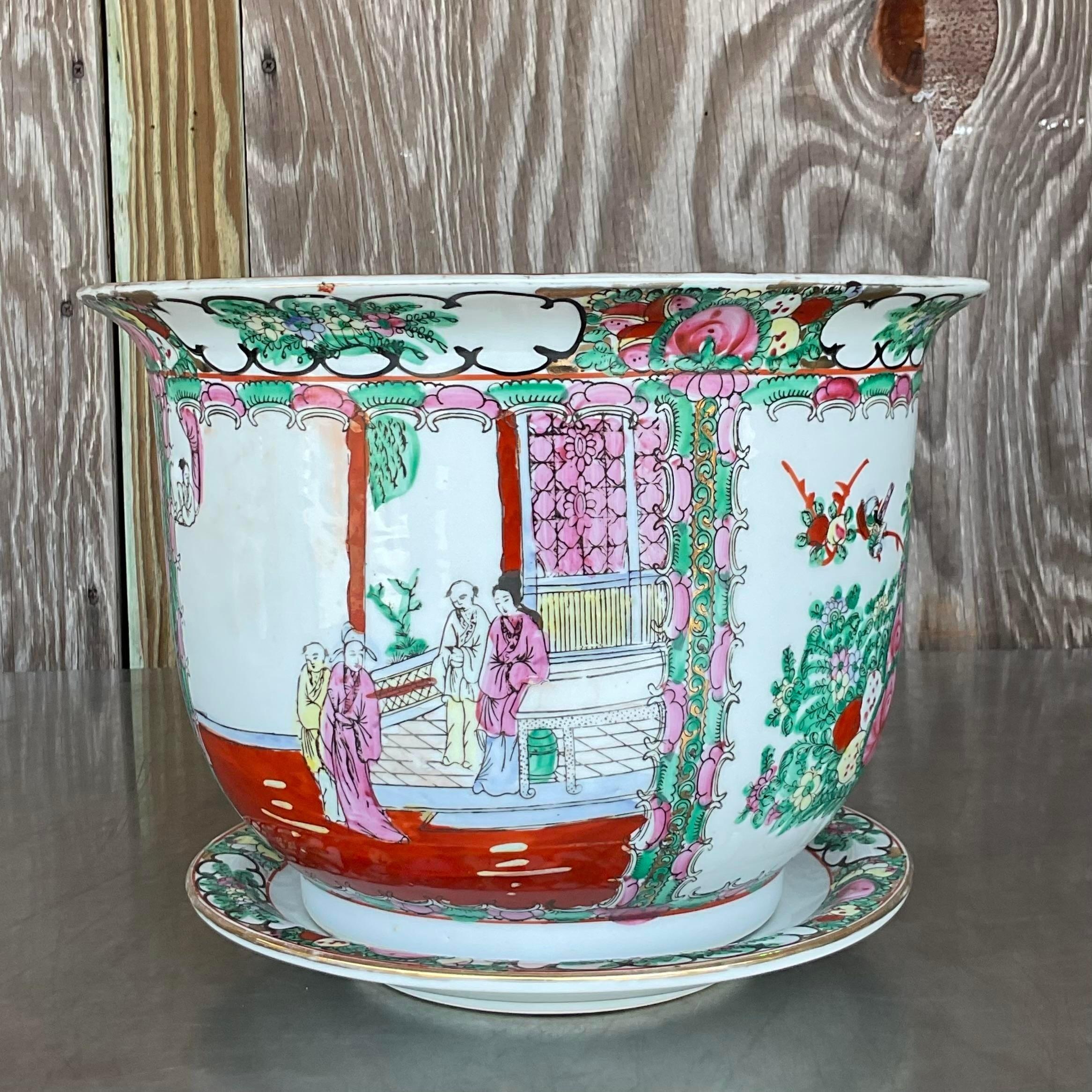 Mid-Century Modern Vintage Asian Rose Famile Planter and Saucer