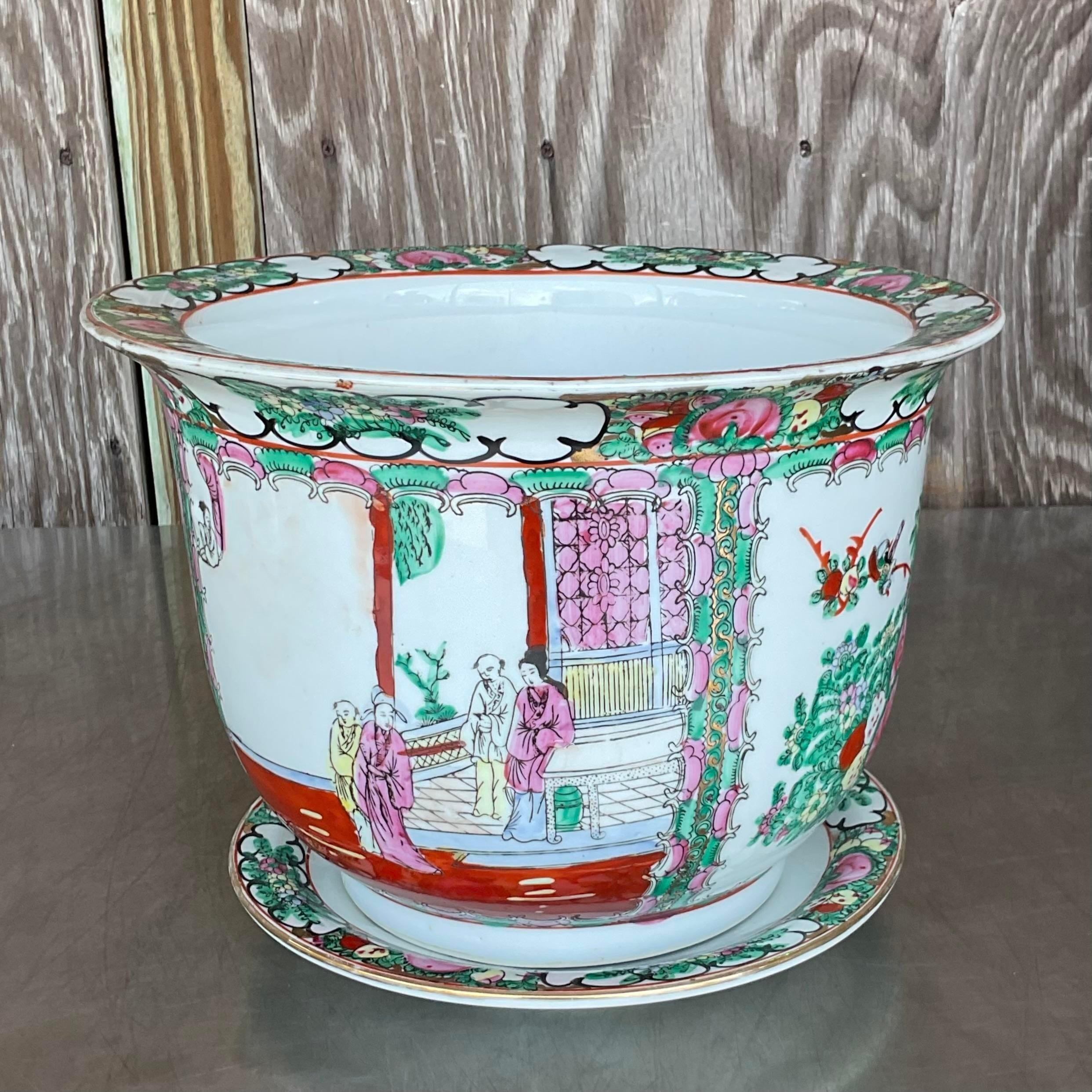Chinese Vintage Asian Rose Famile Planter and Saucer