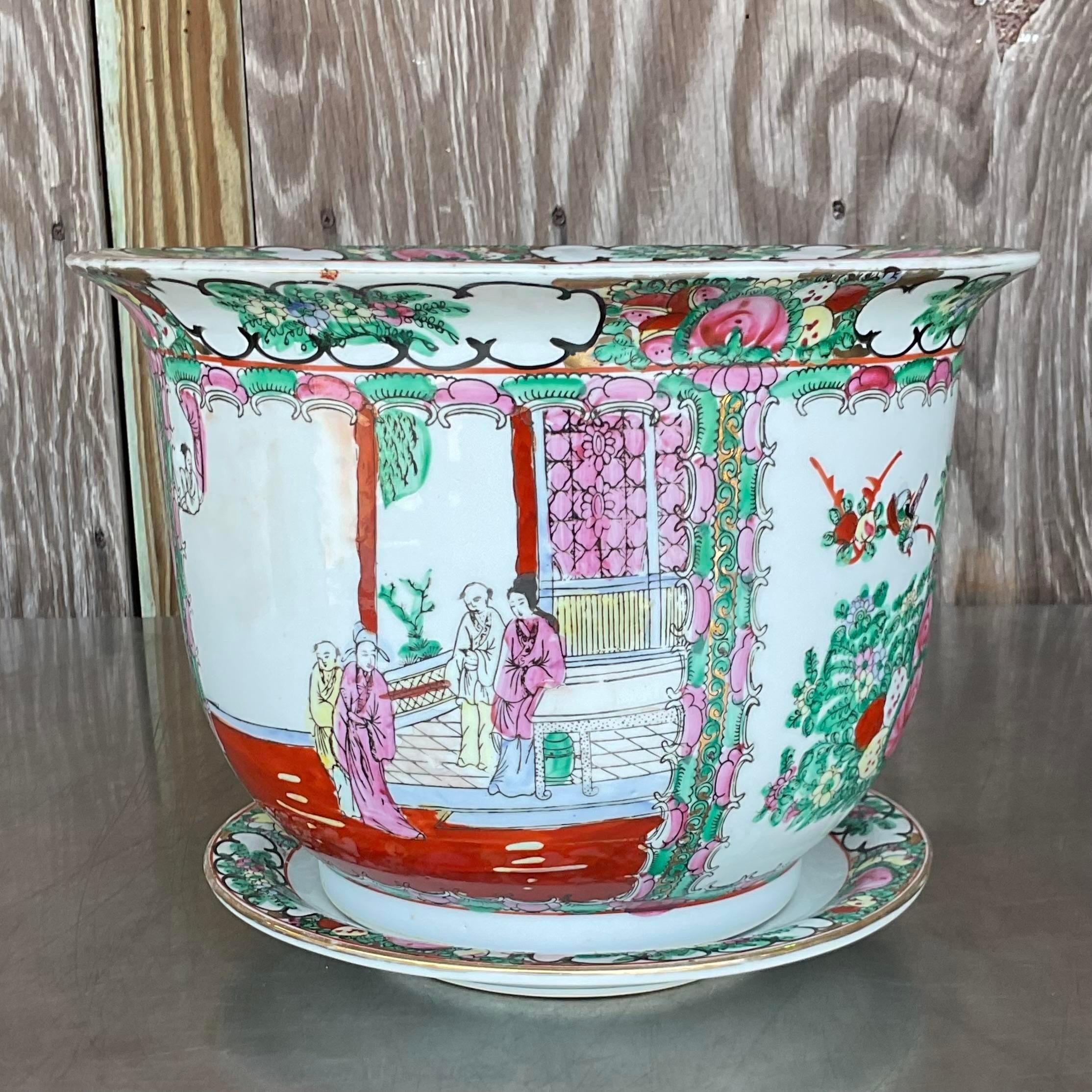 Vintage Asian Rose Famile Planter and Saucer In Good Condition In west palm beach, FL