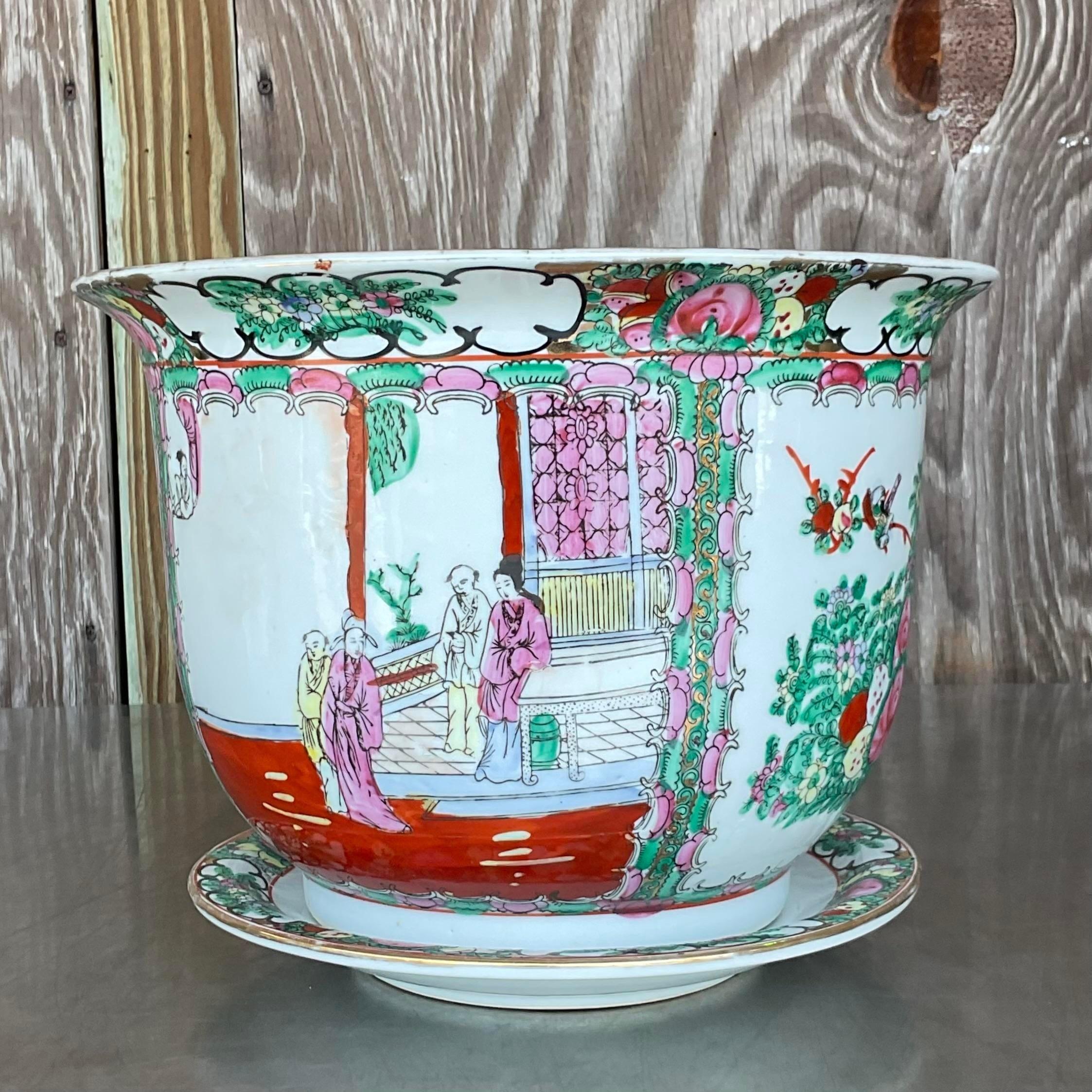 20th Century Vintage Asian Rose Famile Planter and Saucer