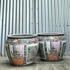 Vintage Asian Rose Medallion Jardiniere - a Pair