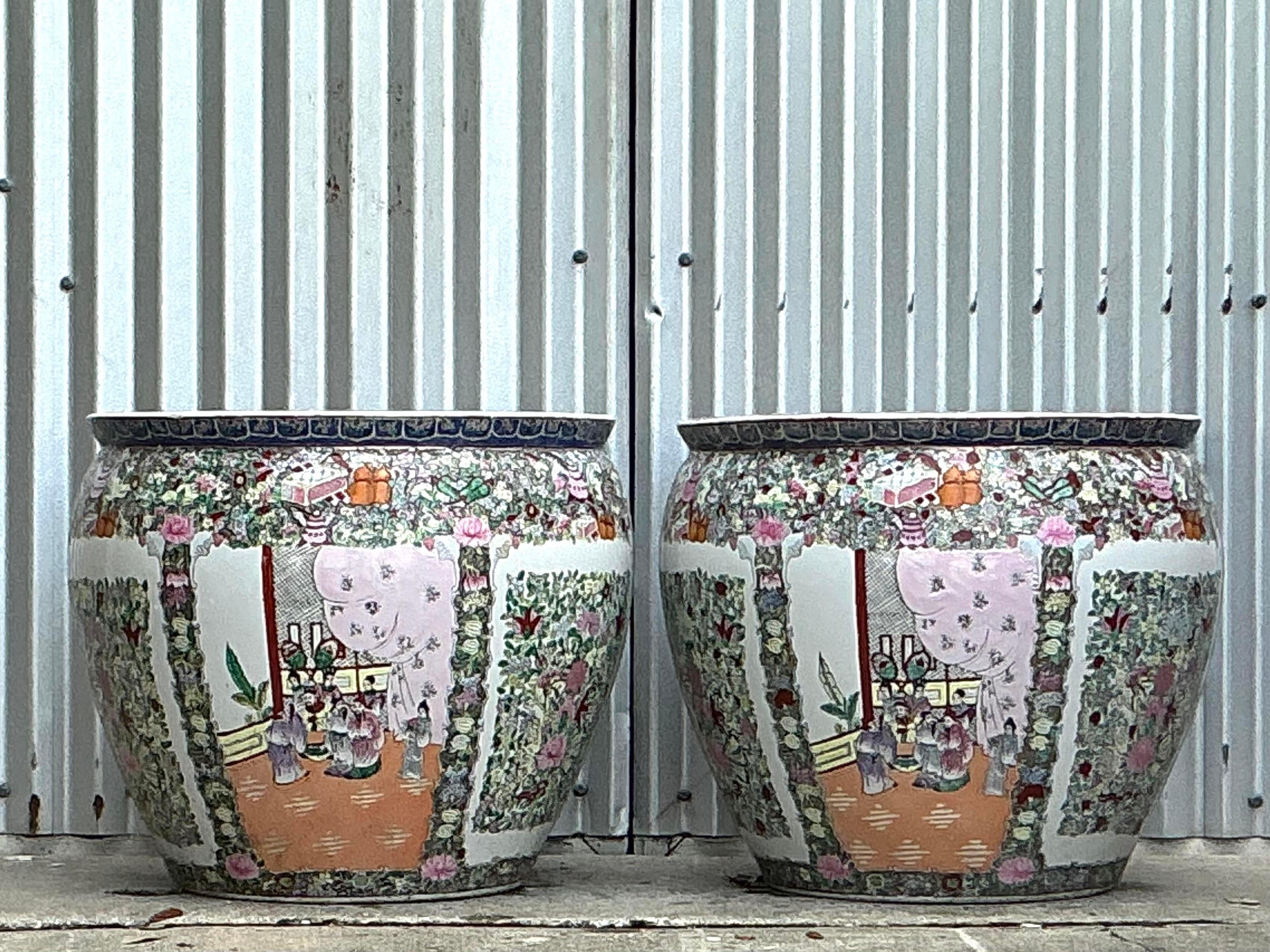American Vintage Asian Rose Medallion Jardiniere - a Pair