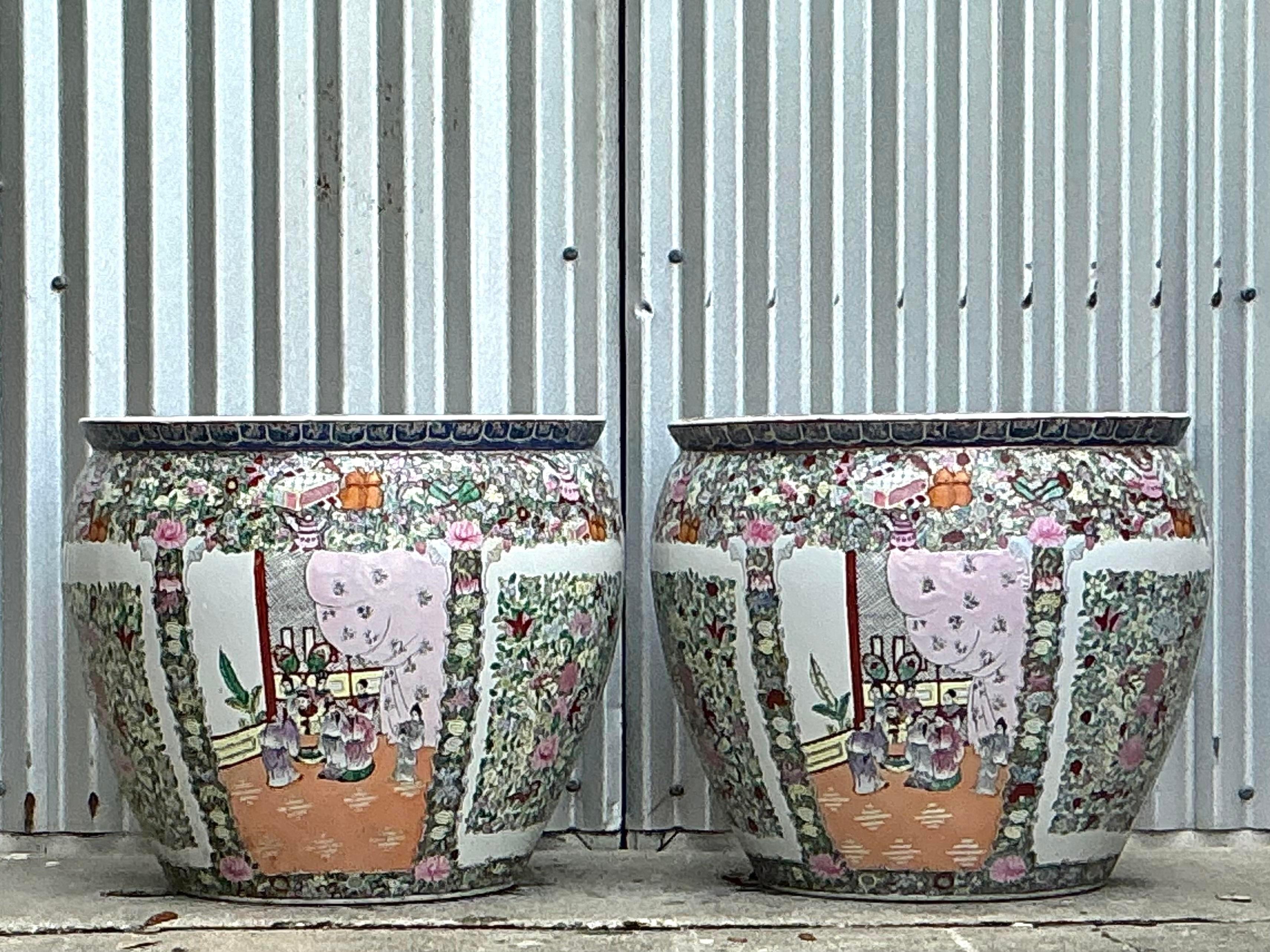 Vintage Asian Rose Medallion Jardiniere - a Pair In Good Condition In West Palm Beach, FL