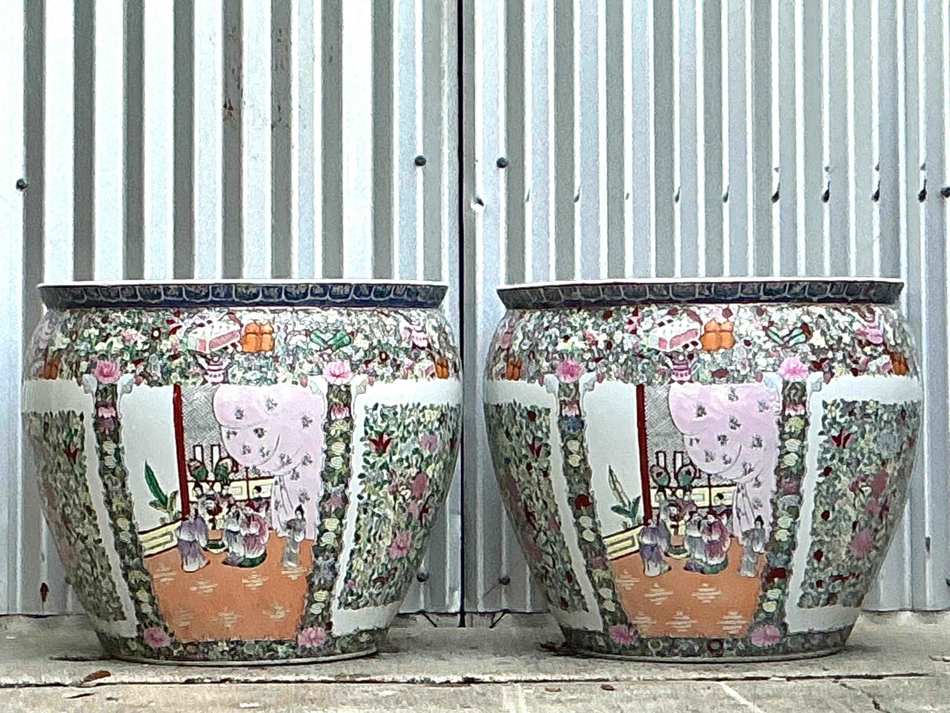 20th Century Vintage Asian Rose Medallion Jardiniere - a Pair