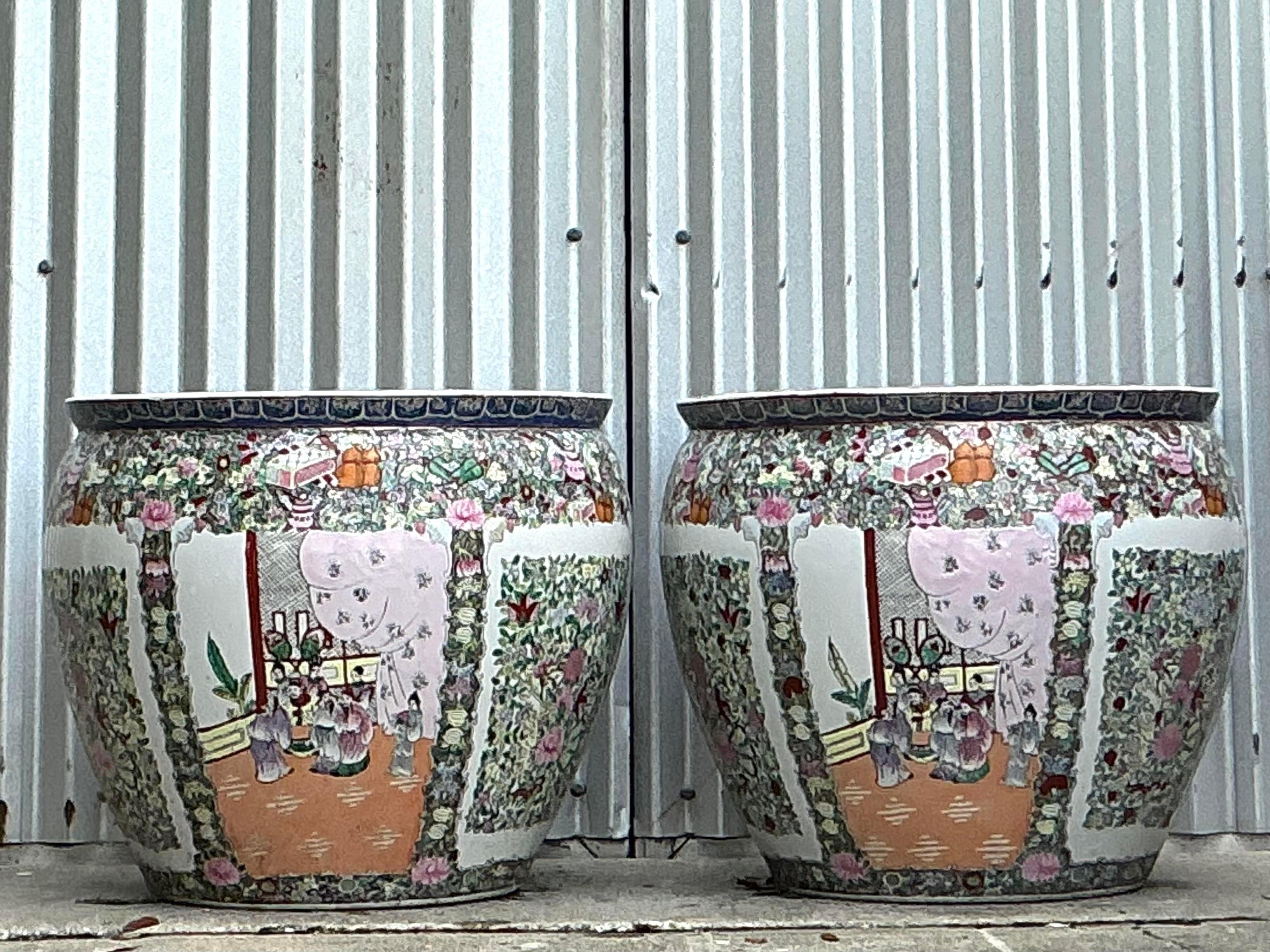 Ceramic Vintage Asian Rose Medallion Jardiniere - a Pair