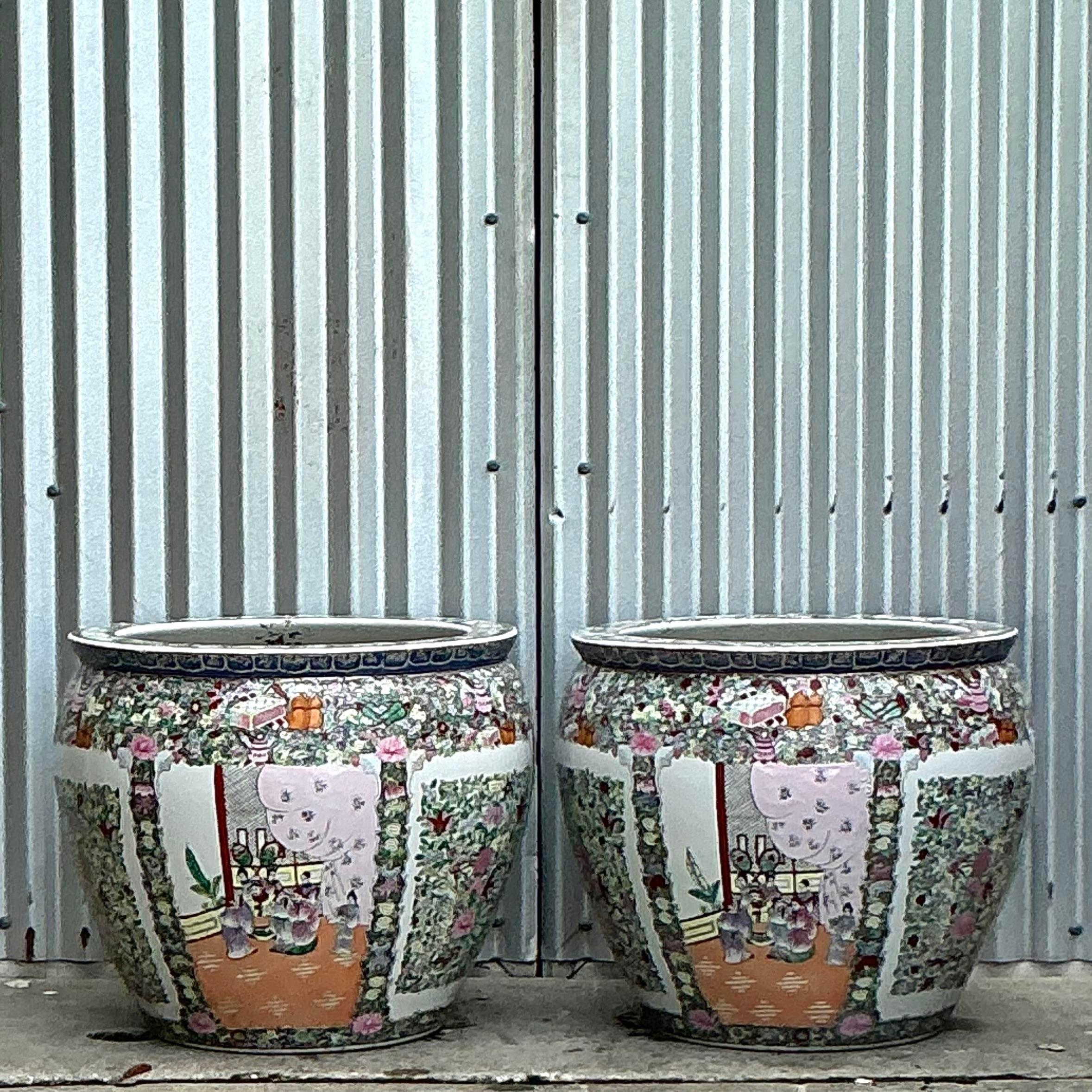Vintage Asian Rose Medallion Jardiniere - a Pair 1