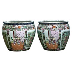 Vintage Asian Rose Medallion Jardiniere - a Pair