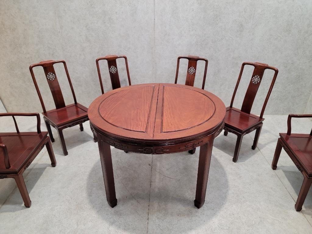 Vintage Asian Rosewood Carved Longevity Extending Dining Table and 8 Chairs For Sale 5