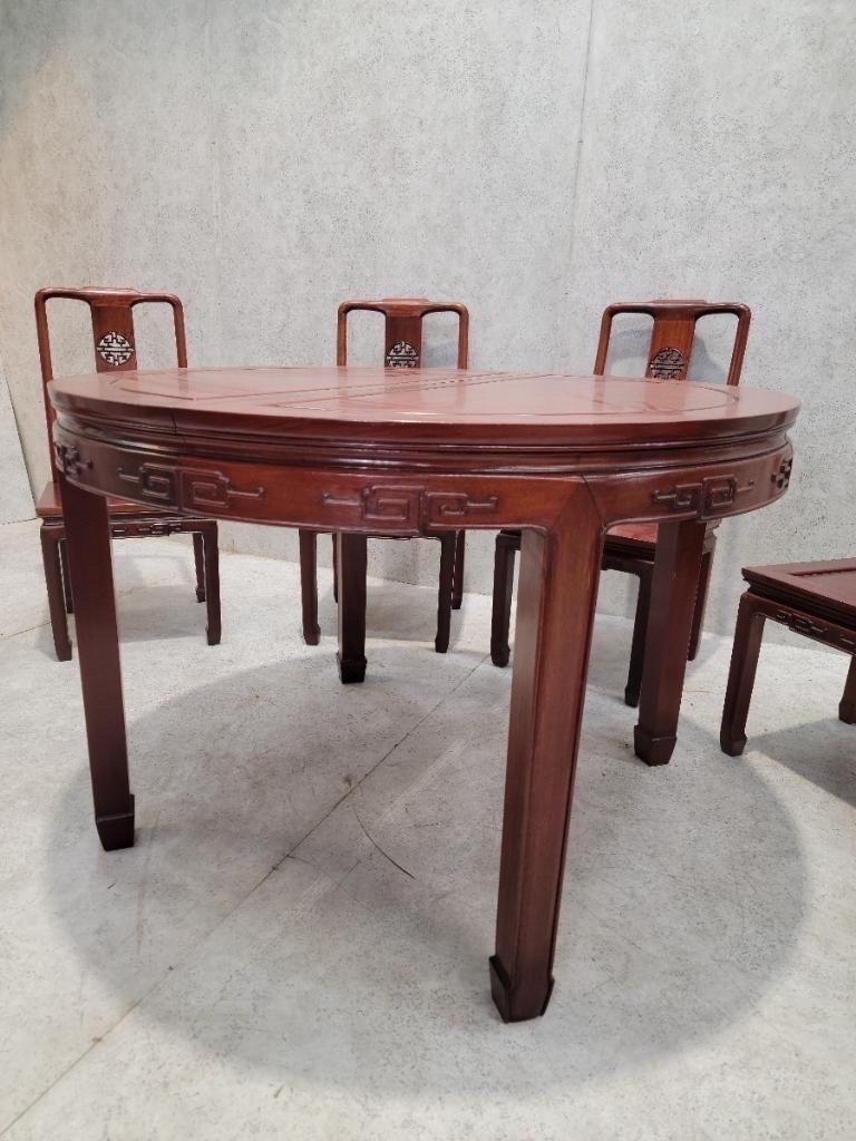Vintage Asian Rosewood Carved Longevity Extending Dining Table and 8 Chairs For Sale 6