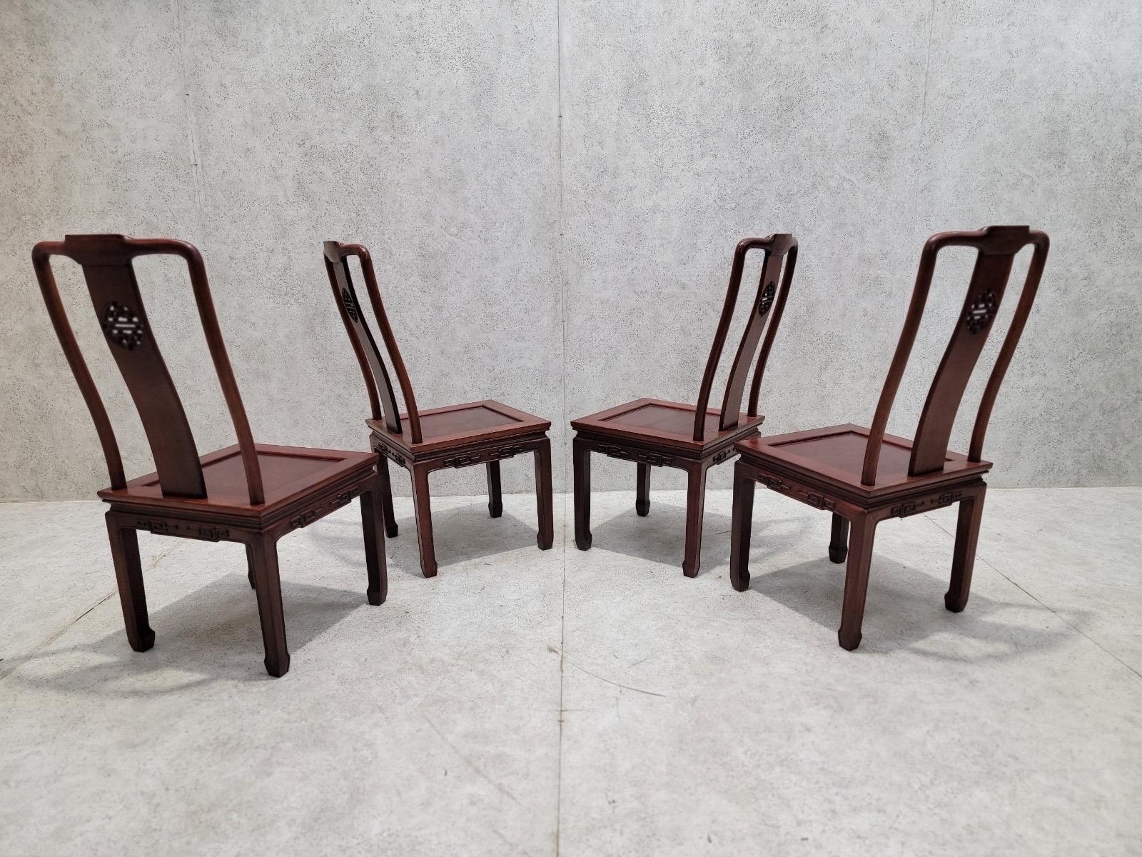 20th Century Vintage Asian Rosewood Carved Longevity Extending Dining Table and 8 Chairs For Sale
