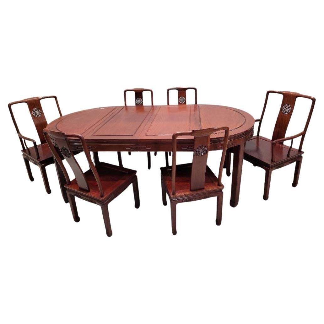 Vintage Asian Rosewood Carved Longevity Extending Dining Table and 8 Chairs For Sale