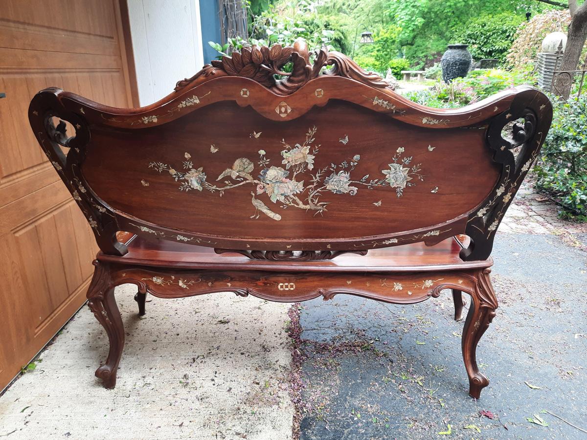 Mid-20th Century Vintage Asian Rosewood Loveseat with Mother of Pearl Inlay For Sale