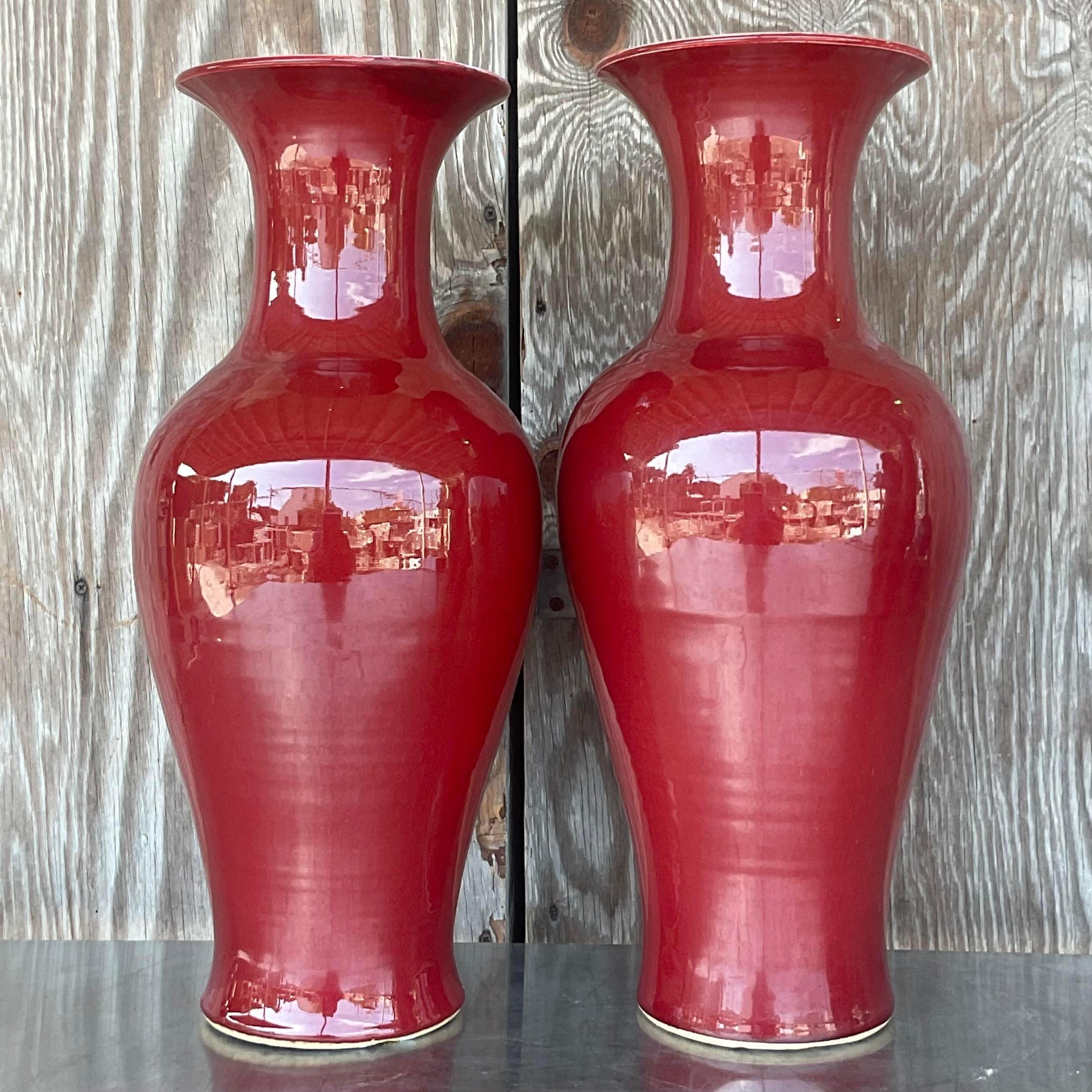 Vintage Asian “Sang De Boeuf” Glazed Ceramic Vases, a Pair In Good Condition For Sale In west palm beach, FL