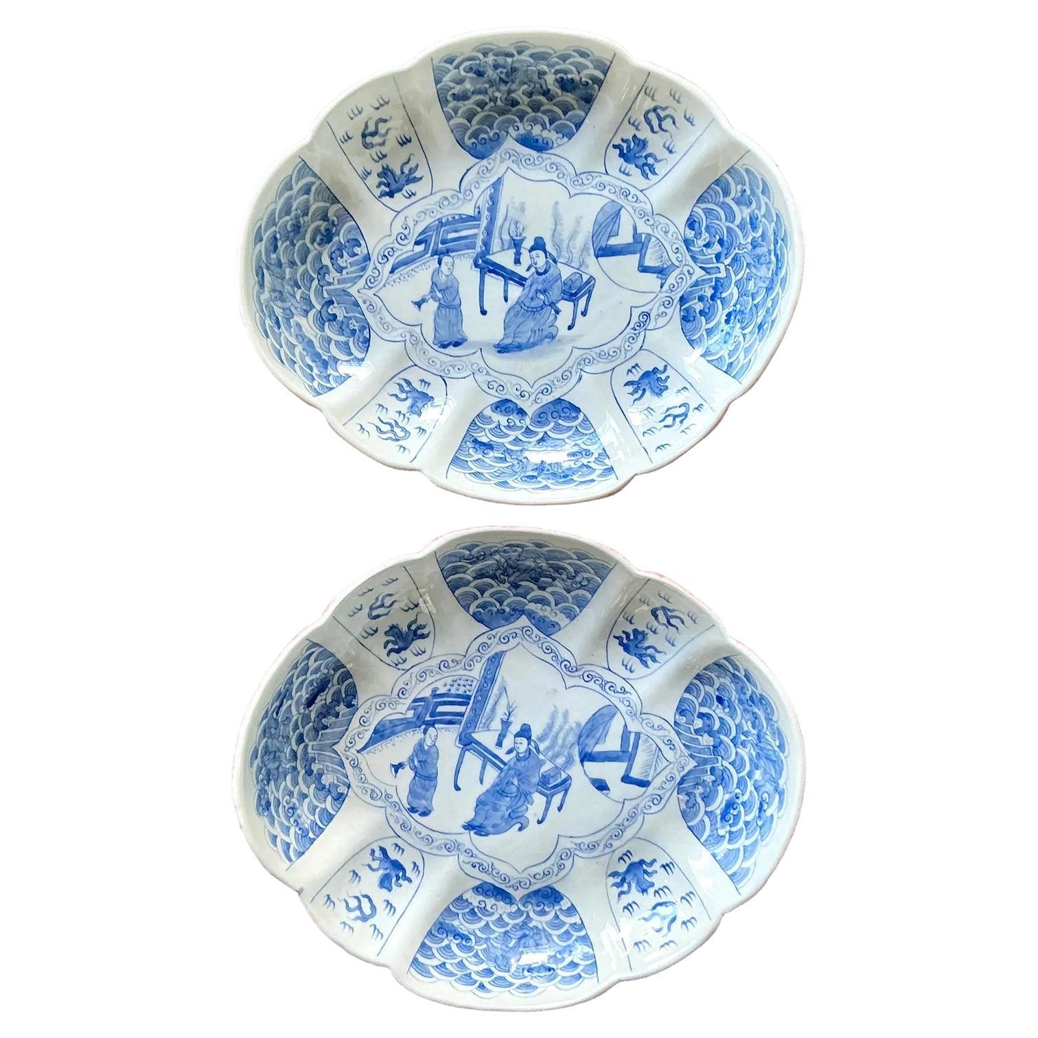 Cuenco vintage asiático festoneado azul y blanco -un par