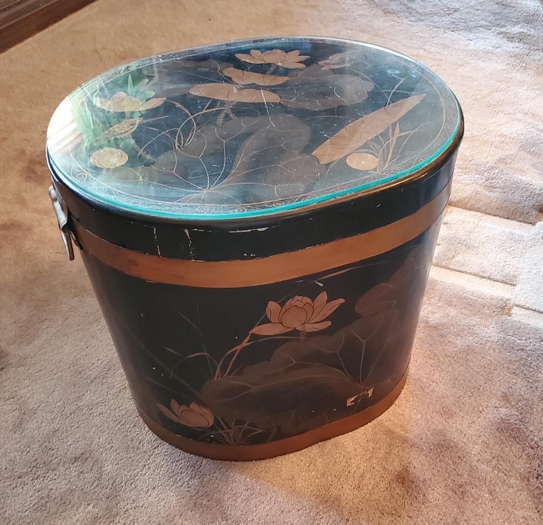 Vintage Asian Side Table With Glass Top / Decorative Asian Hidden Storage Table For Sale 13