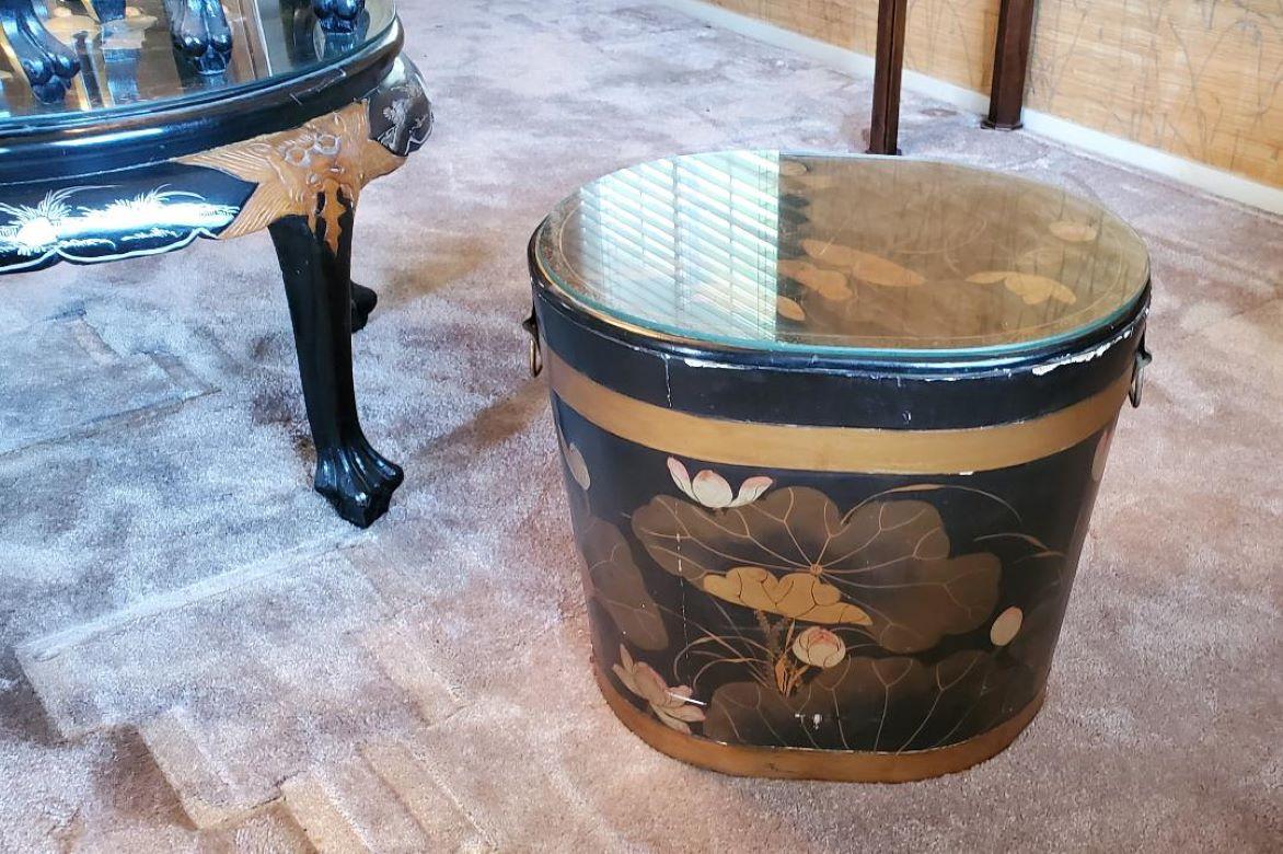20th Century Vintage Asian Side Table With Glass Top / Decorative Asian Hidden Storage Table For Sale