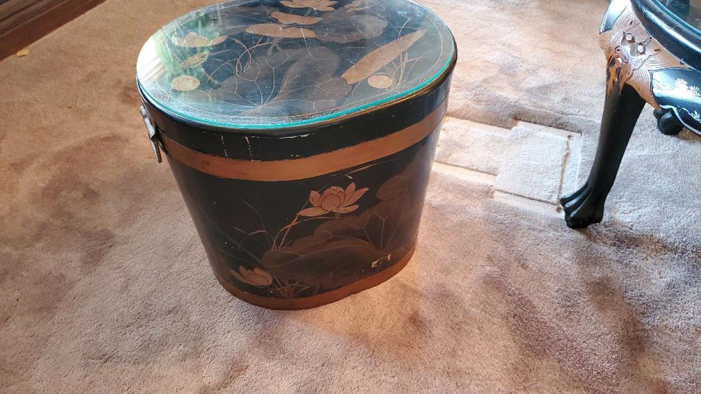 Vintage Asian Side Table With Glass Top / Decorative Asian Hidden Storage Table For Sale 1