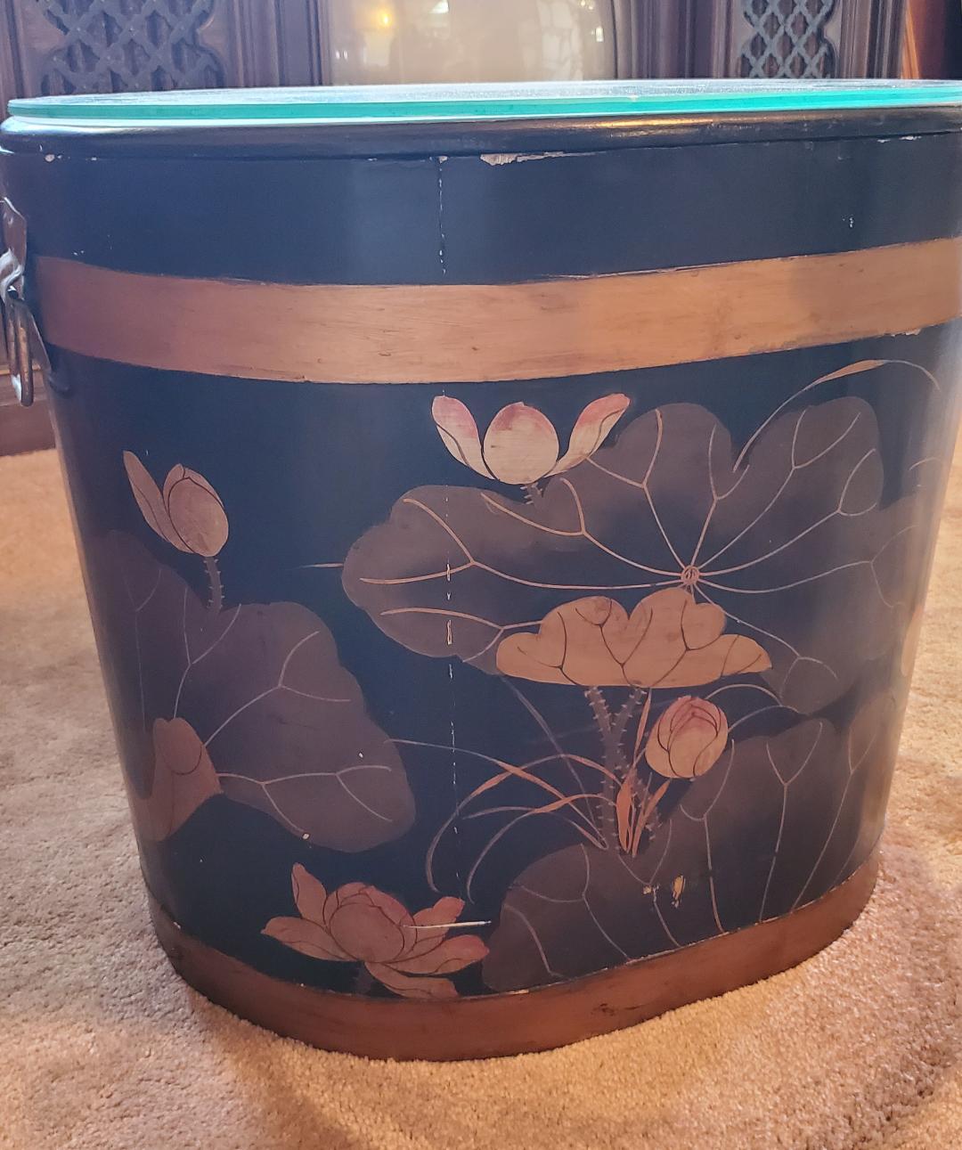 Vintage Asian Side Table With Glass Top / Decorative Asian Hidden Storage Table For Sale 3