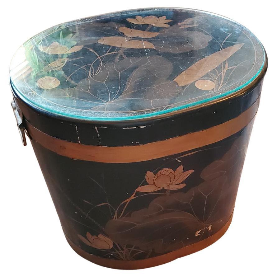 Vintage Asian Side Table With Glass Top / Decorative Asian Hidden Storage Table For Sale