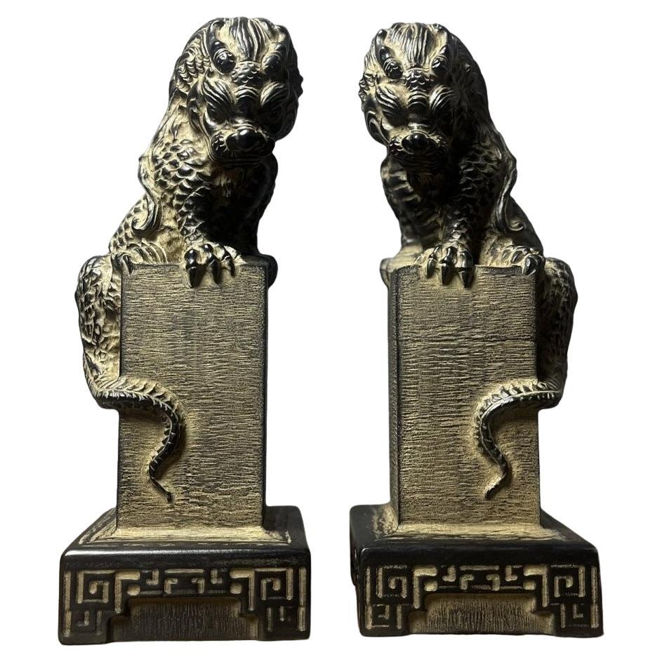 Vintage Asian Stone Carving Dragon Beast Peristeles Pair