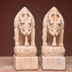 Vintage Asian Stone Carving Water-Absorbing Guardian Beasts Pair