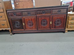 Vintage Asian Style Carved Rosewood Credenza/Sideboard with Custom Glass Cover