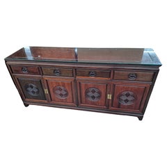 Vintage Asian Style Carved Rosewood Credenza/Sideboard with Custom Glass Cover