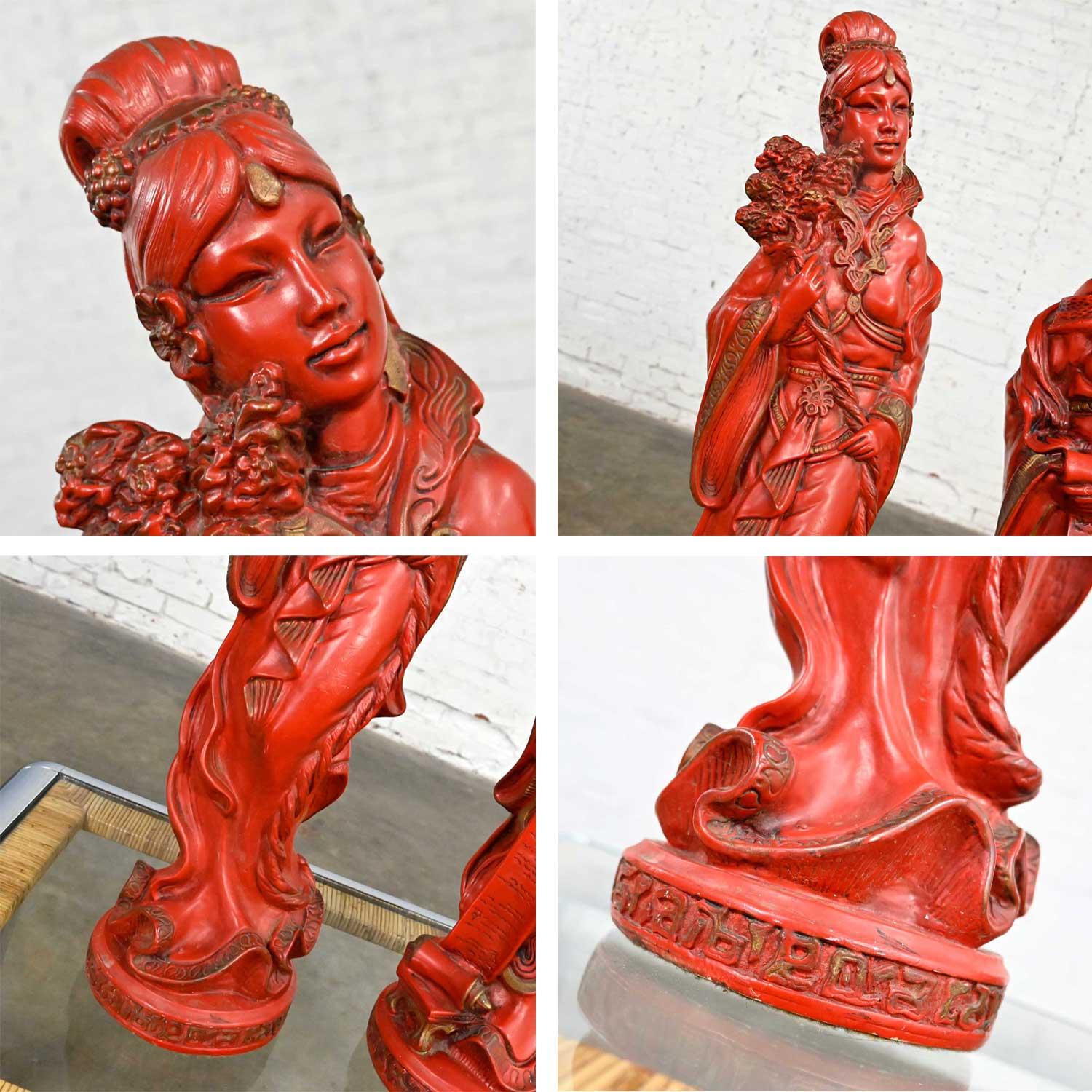 Vintage Asian Style Chinoiserie Faux Cinnabar Large Red Statues Male & Female For Sale 2